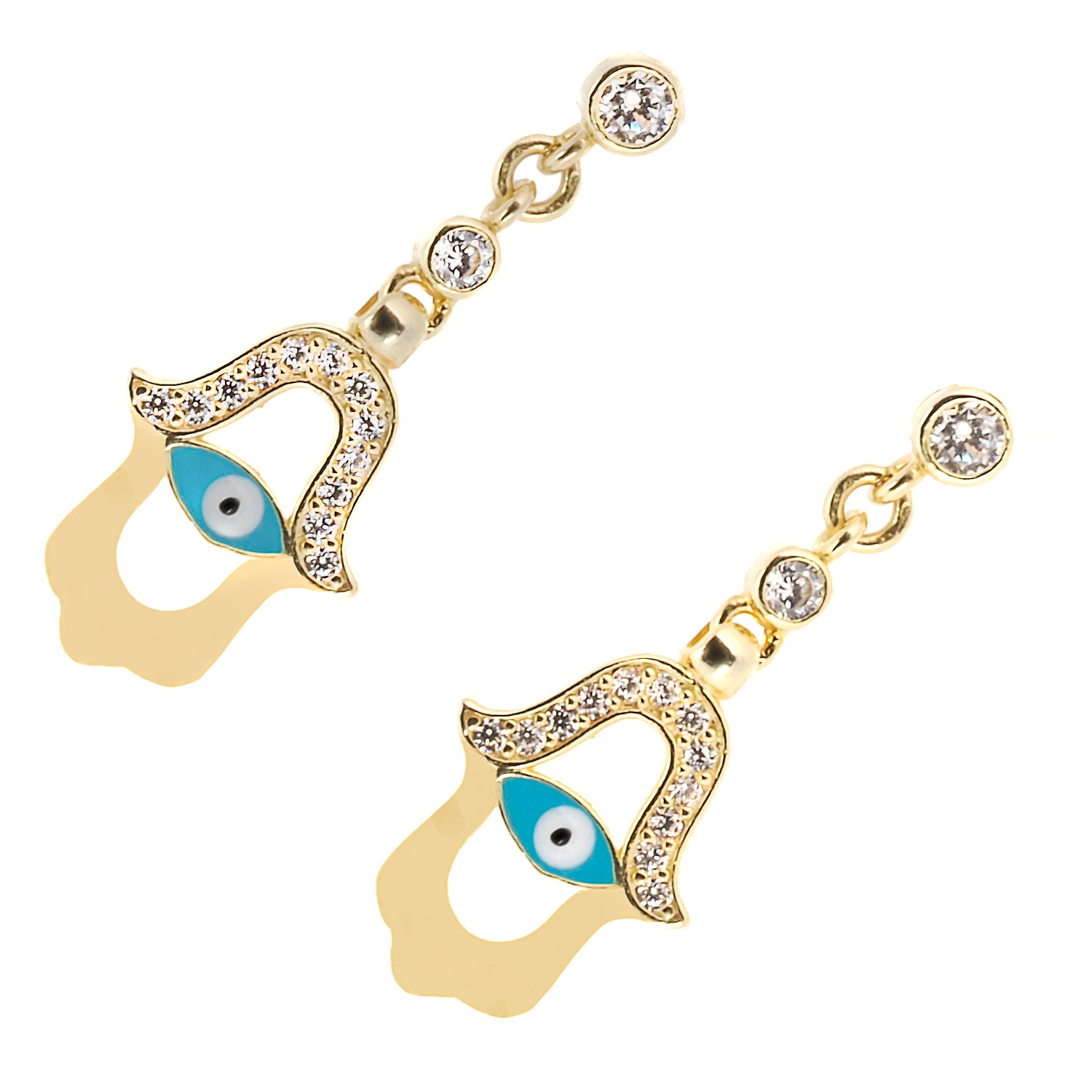 Handmade earrings featuring a unique combination of Evil Eye and Hamsa symbols in turquoise enamel and CZ diamonds