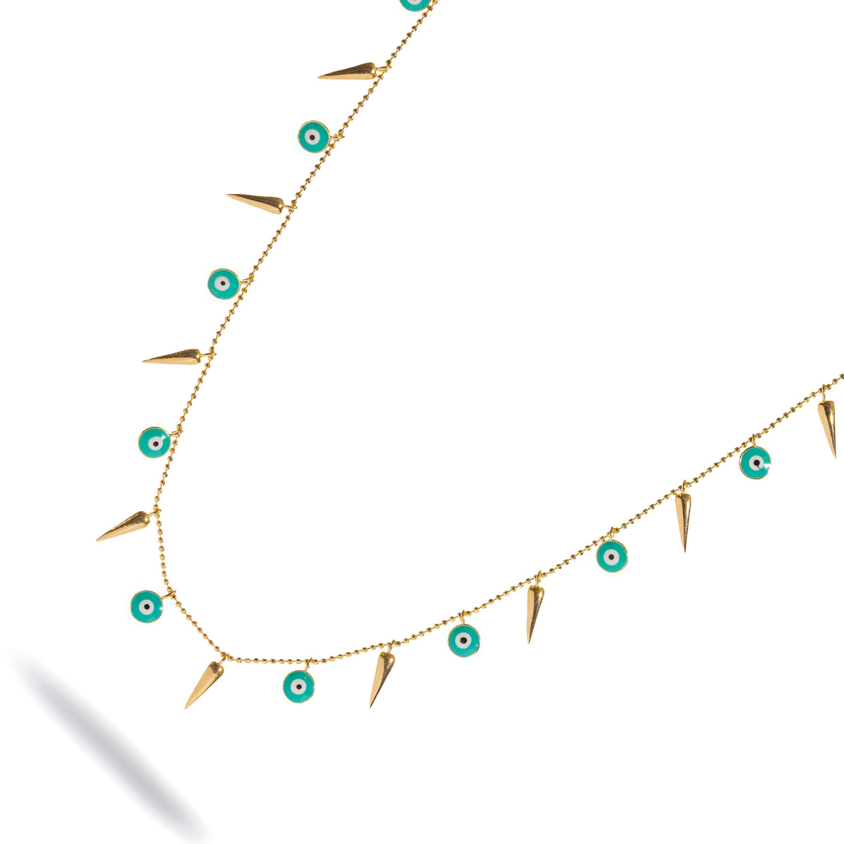 Turquoise enamel evil eye and gold spike charm necklace at an angle, showing the fine gold bead chain