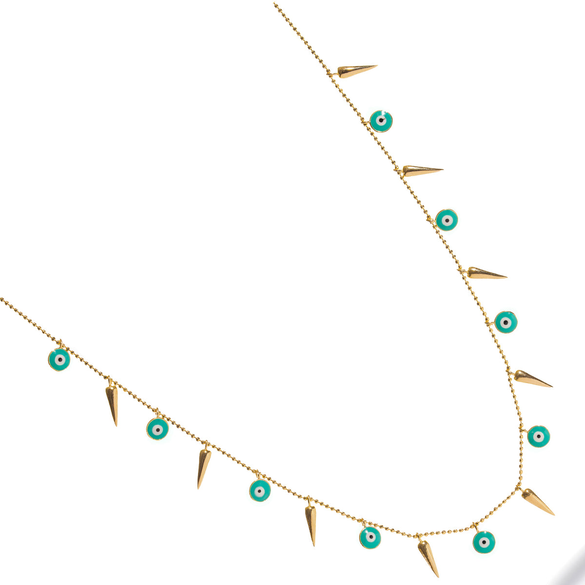 Close view of the turquoise enamel evil eye charms and polished gold spikes along the chain