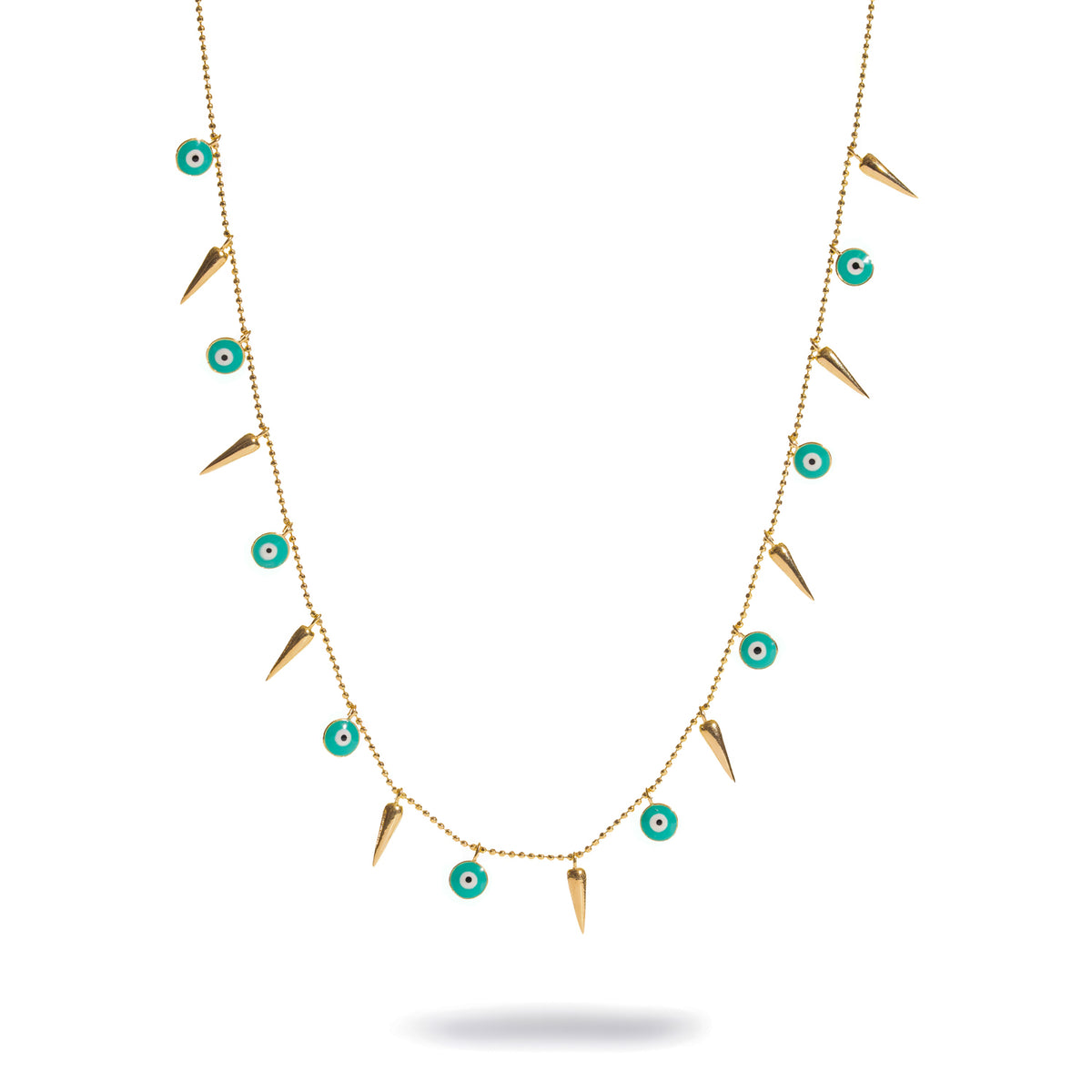 Turquoise Evil Eye & Gold Spike Charm Necklace, front view of turquoise enamel evil eyes alternating with gold spikes on a bead chain