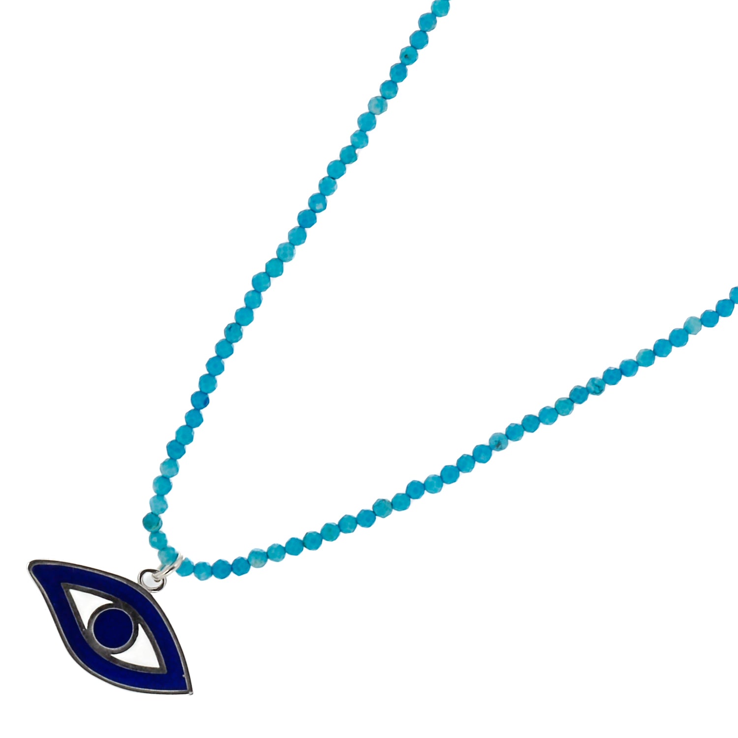 Turquoise Evil Eye Protection Necklace crafted with natural turquoise stone beads and a beautiful 925 Sterling Silver Evil Eye charm.