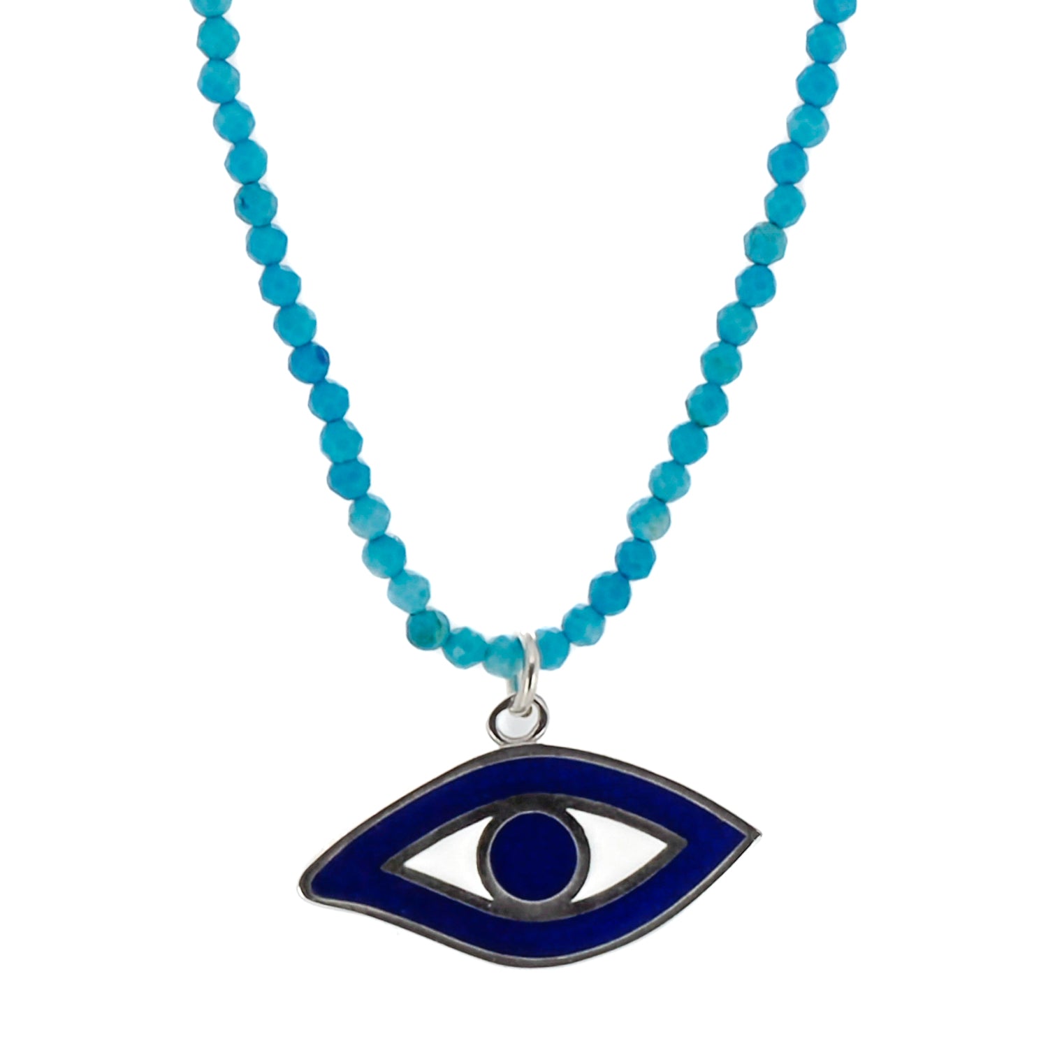Turquoise Evil Eye Protection Necklace showcasing natural turquoise stone beads and an 18k gold plated Evil Eye charm.