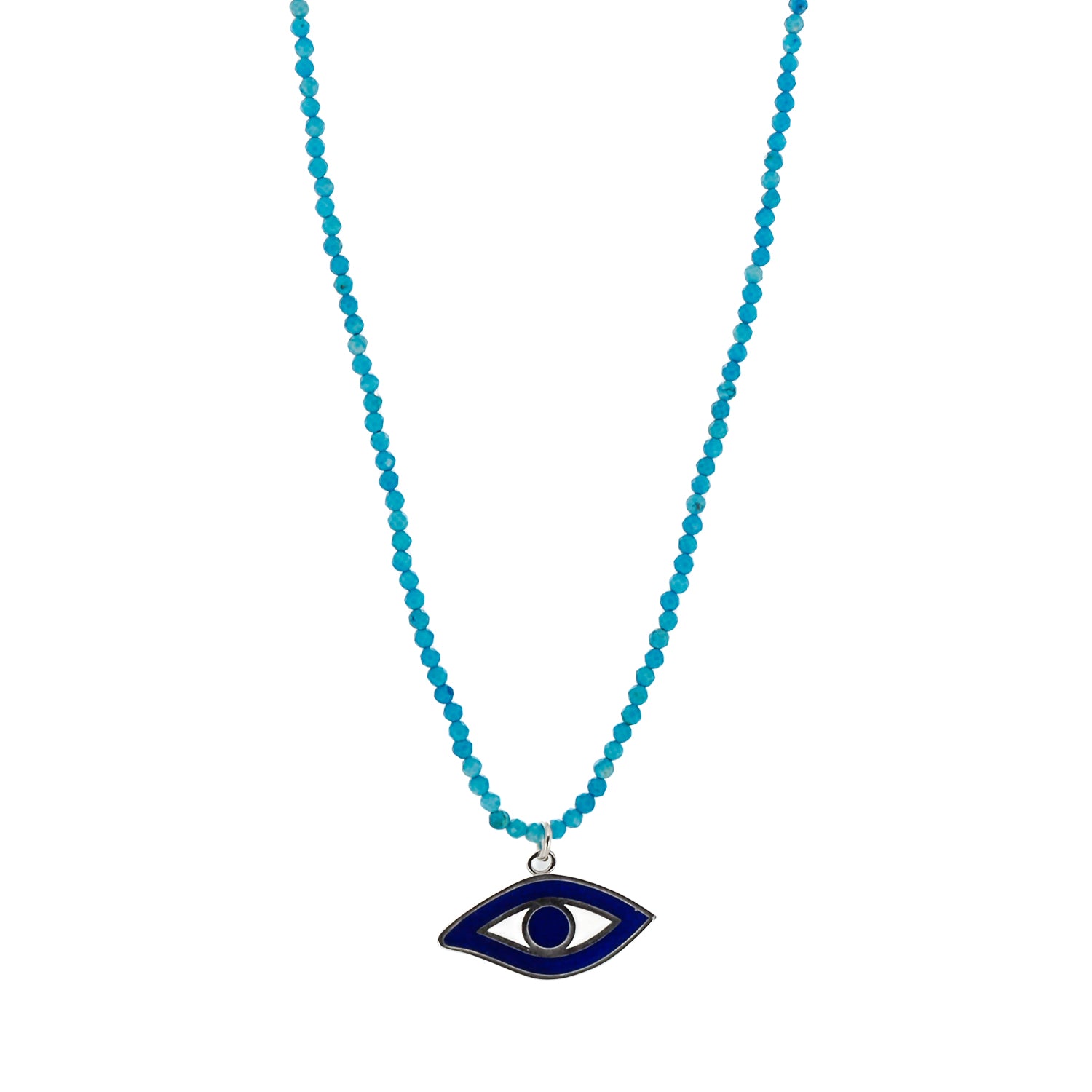 Handmade necklace featuring a stunning turquoise Evil Eye charm and natural turquoise stone beads for protection and good luck.