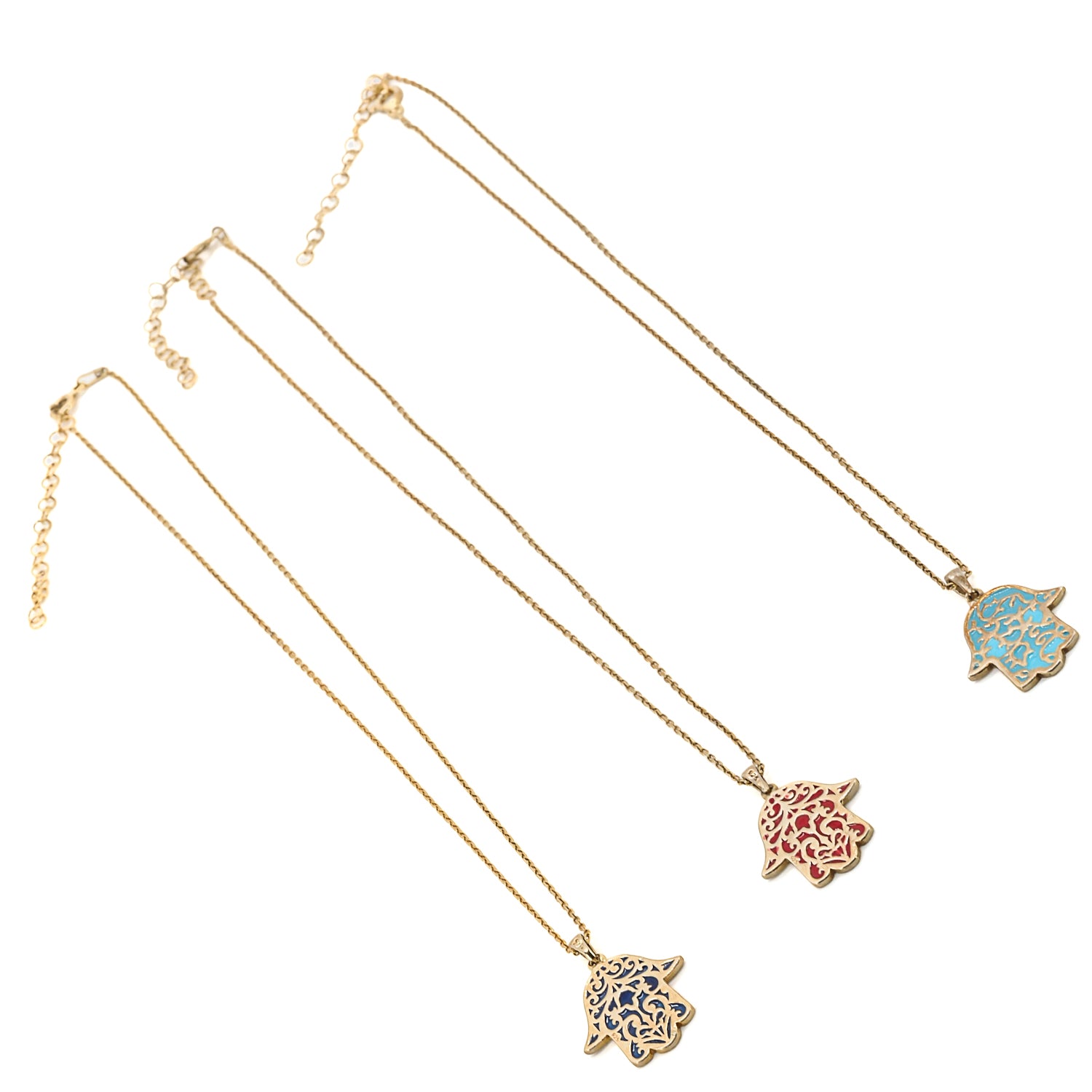 Elevate your style and embrace positivity with the Stay Positive Hamsa Necklace, adorned with a stunning hamsa pendant made of sterling silver and 18K gold plating with colorful enamel accents.