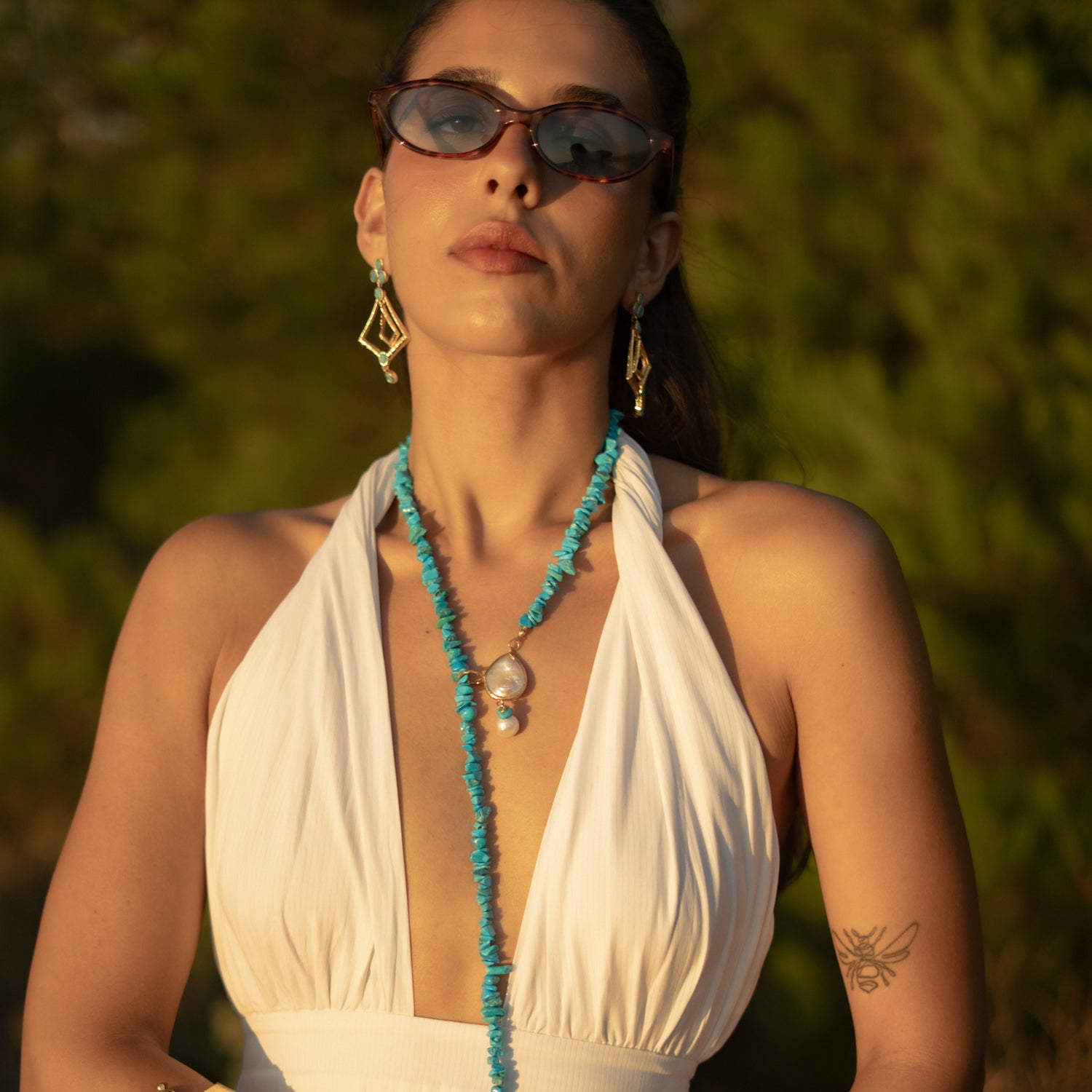Turquoise Lariat Necklace with Baroque Pearls