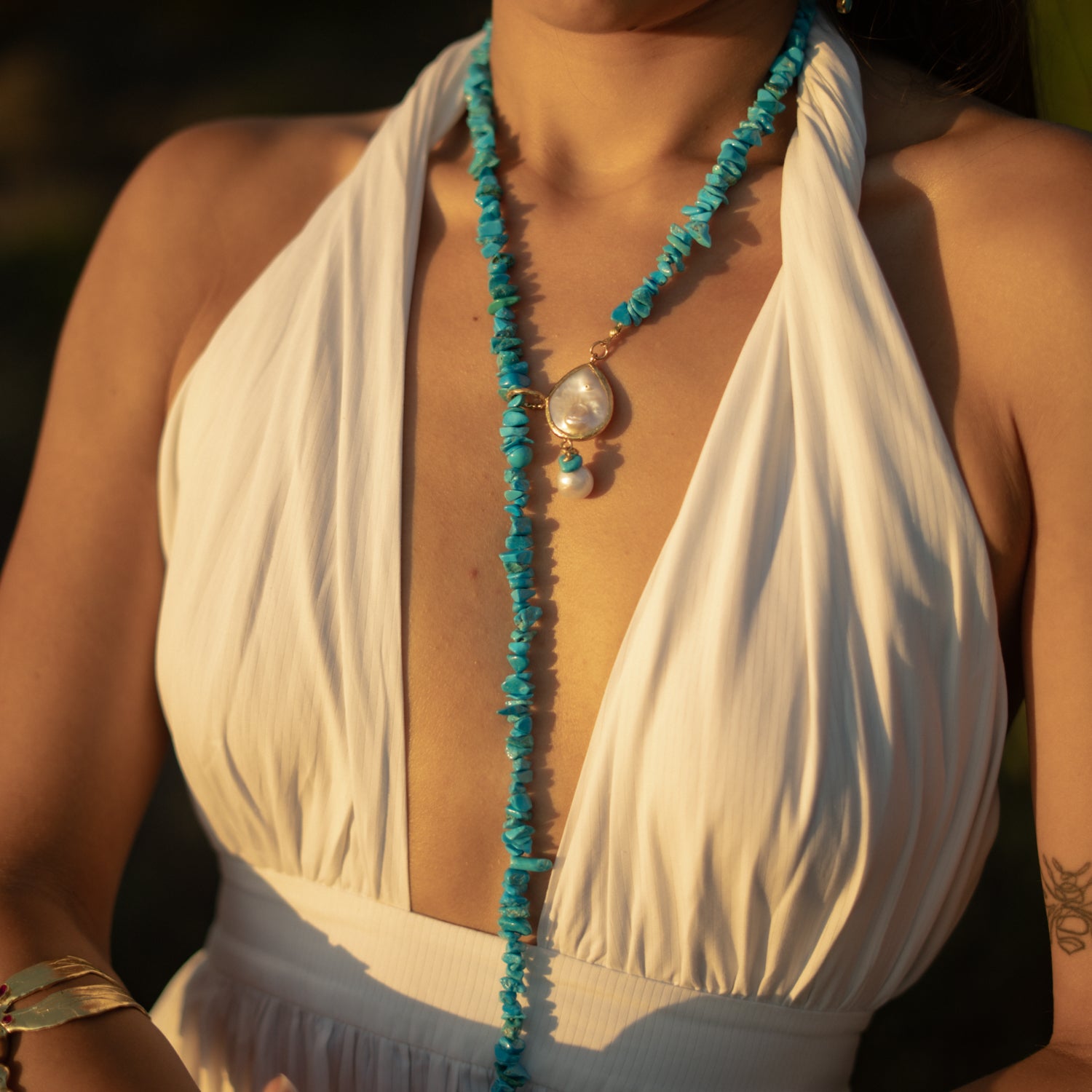 Turquoise Lariat Necklace with Baroque Pearls