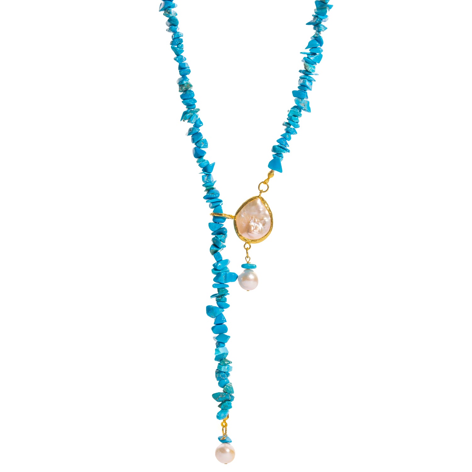 Turquoise Lariat Necklace with Baroque Pearls