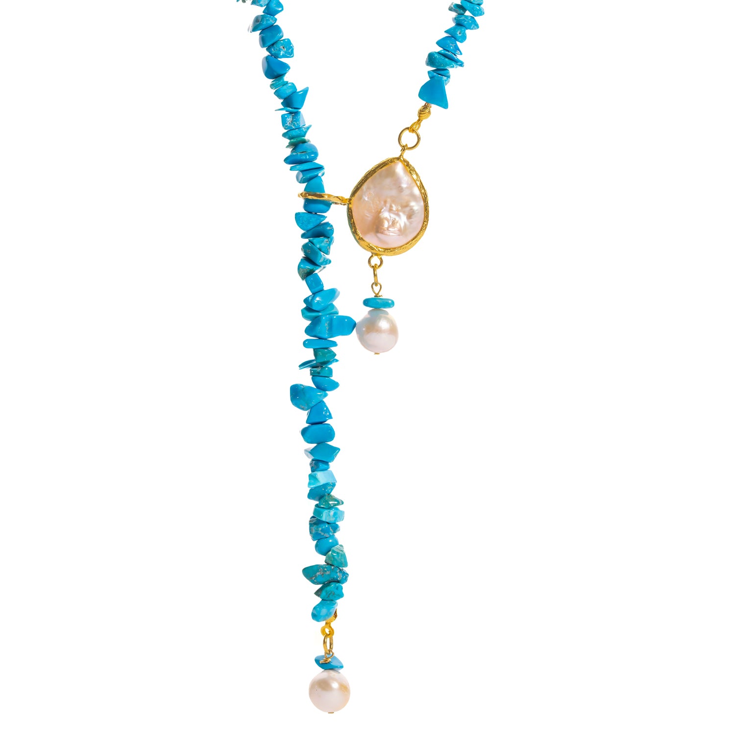 Turquoise Lariat Necklace with Baroque Pearls