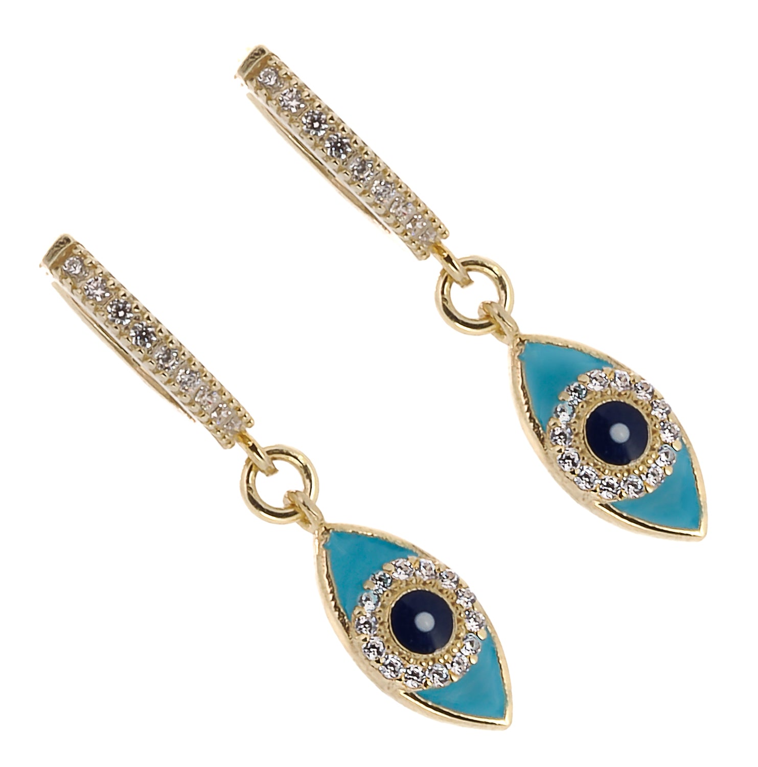 Dainty and elegant gold earrings adorned with turquoise enamel and shimmering zircon stones