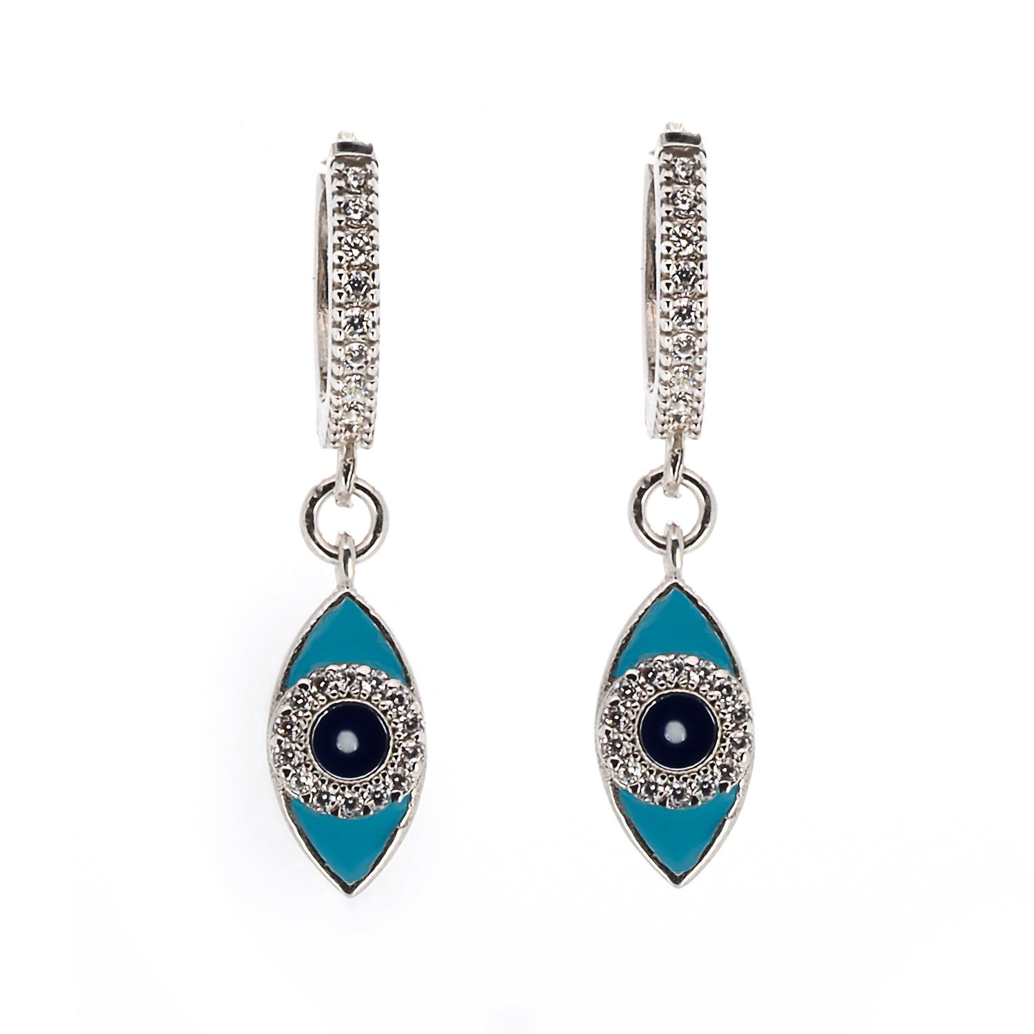 Turquoise Sparkly Silver Evil Eye Earrings - A captivating blend of spirituality and elegance