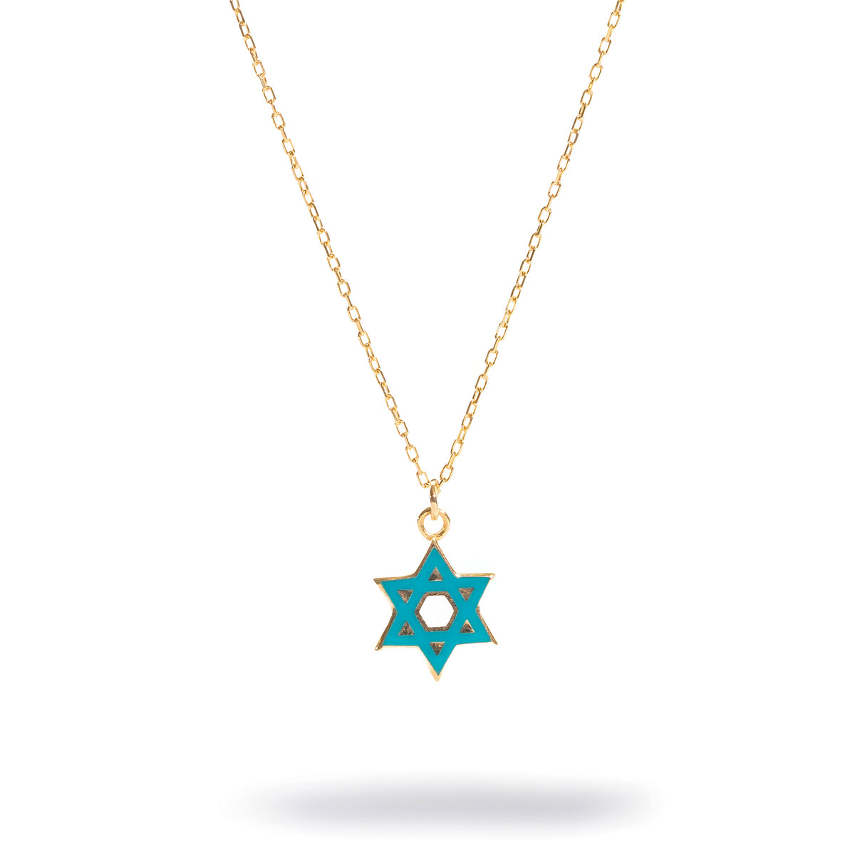 Turquoise Star of David Gold Pendant Necklace, turquoise enamel star with an open hexagon center on a fine gold cable chain