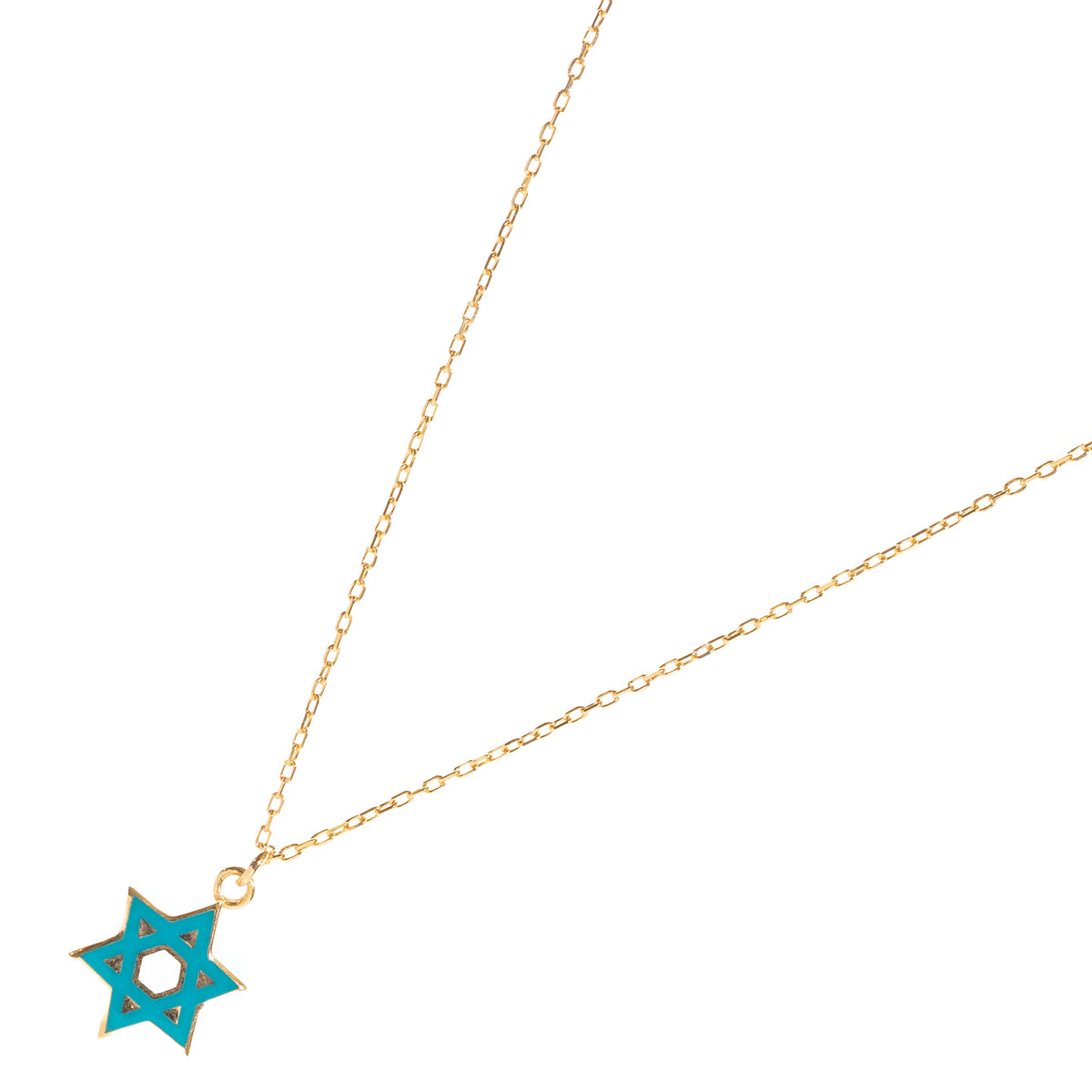 Turquoise enamel Star of David pendant edged in gold, angled view on a dainty cable chain