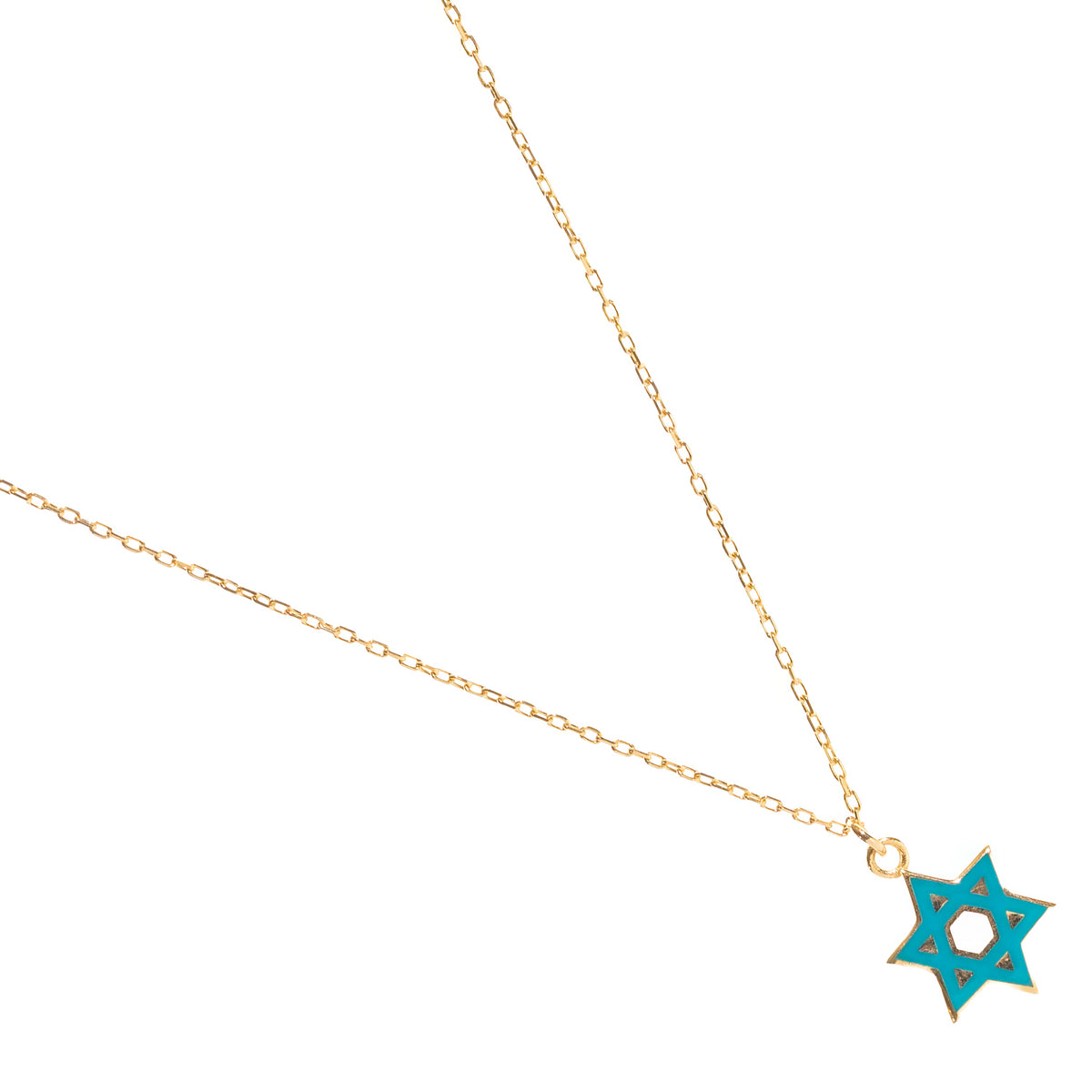 Side view of the gold edged turquoise Star of David pendant on a fine cable chain