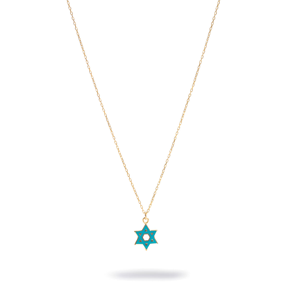 Turquoise Star of David Gold Pendant Necklace shown at full chain length on white