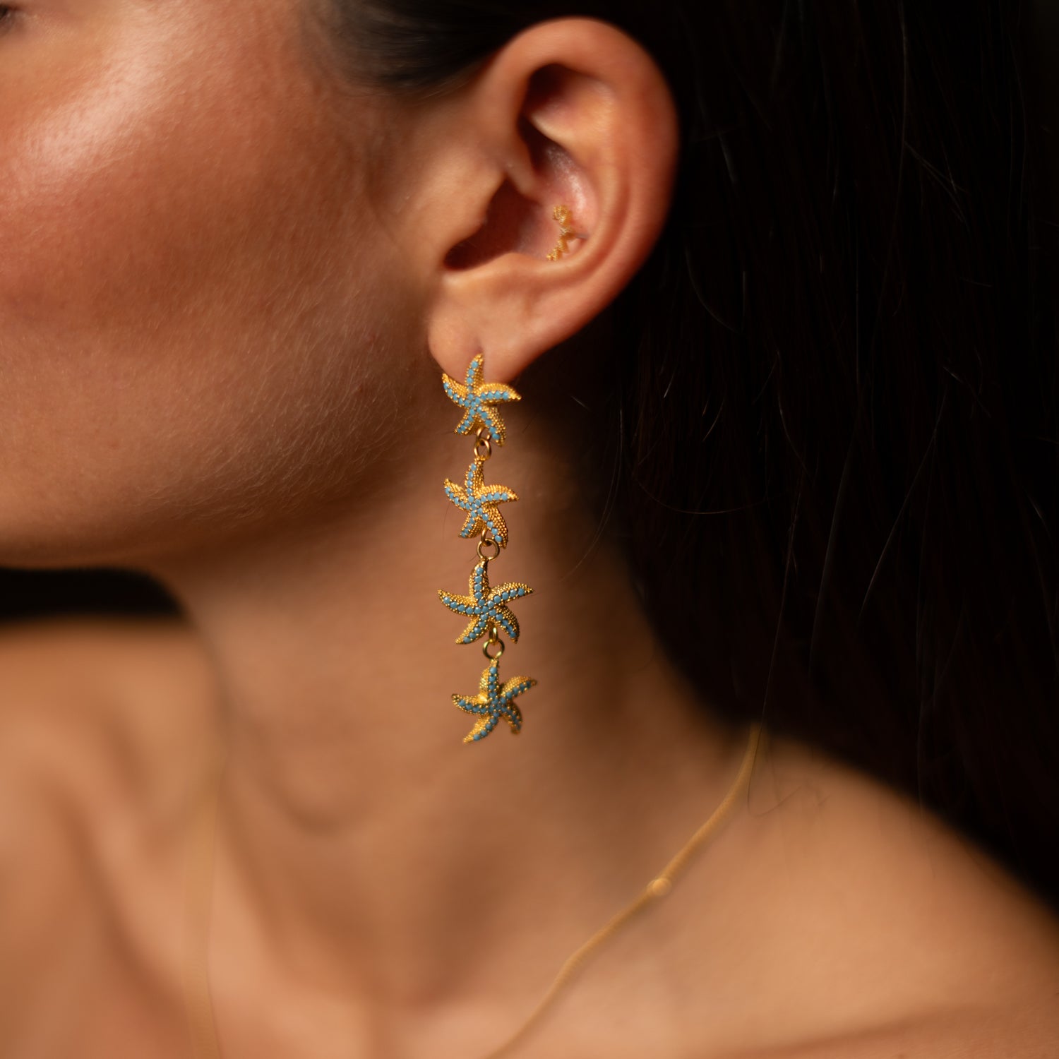 Turquoise Starfish Cascade Gold Dangle Earrings