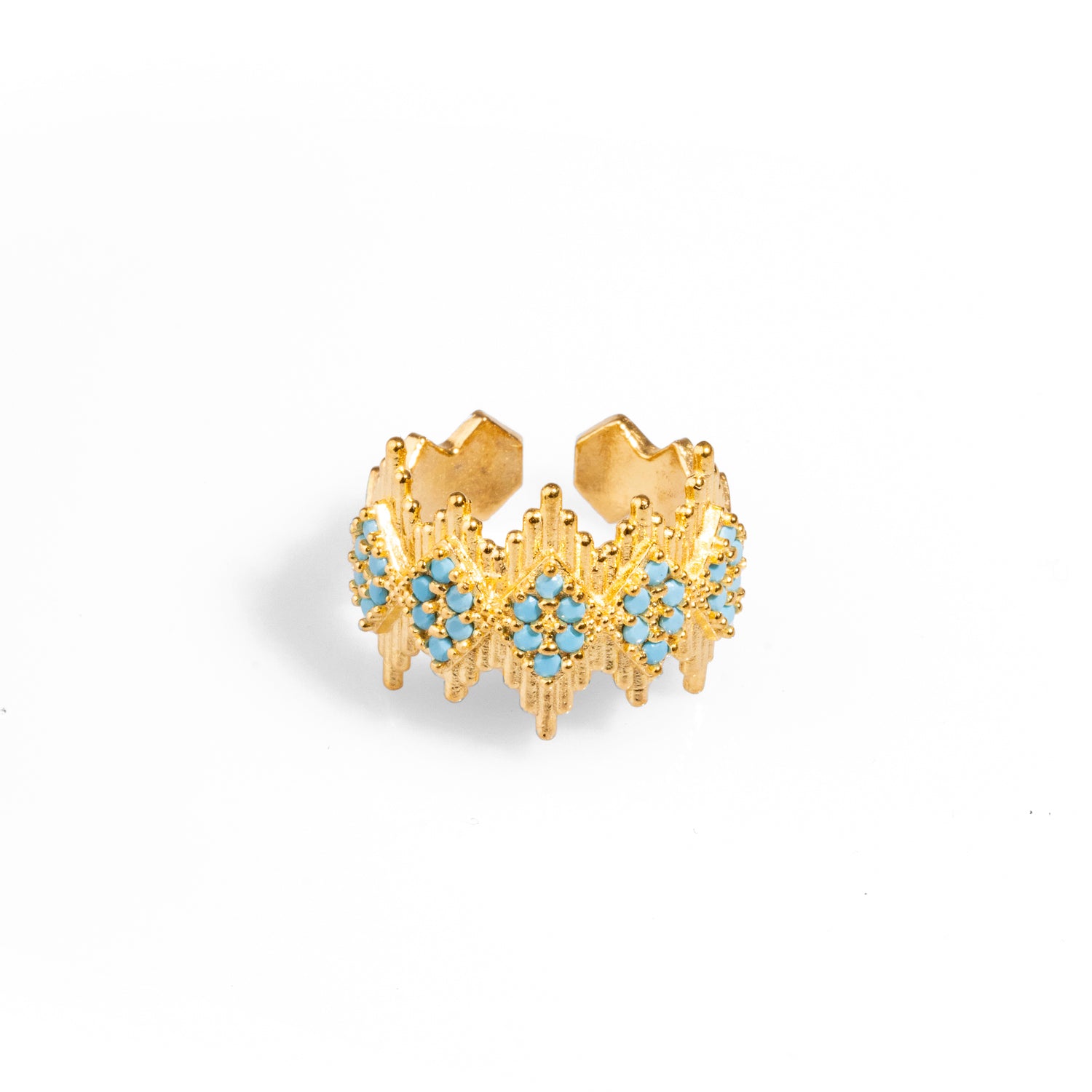 Stylish adjustable ring with a gold crown motif and turquoise stones, crafted from 24k gold-plated brass for a luxurious finish.
