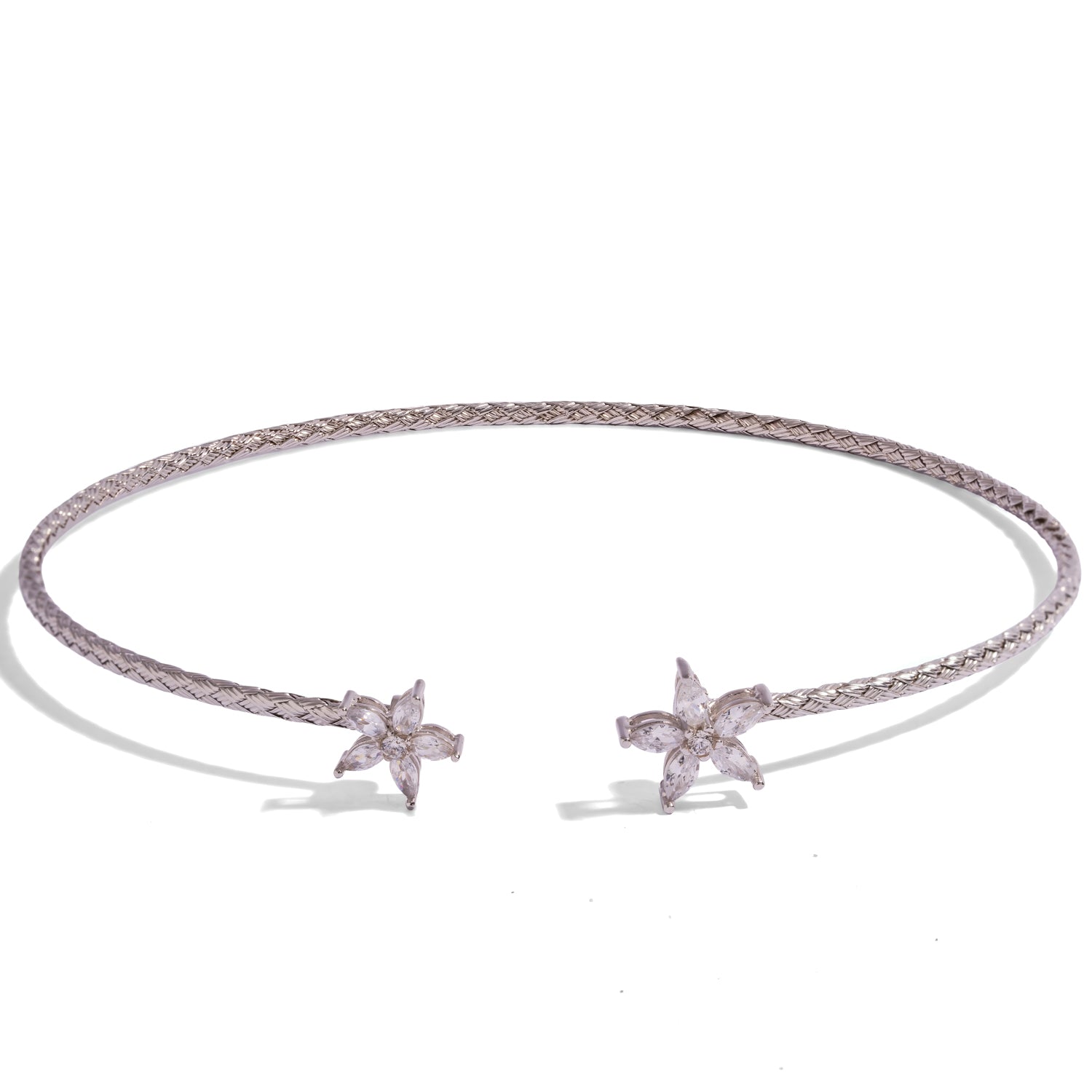 Hand woven sterling silver collar necklace with two pave cubic zirconia blossoms at the open front
