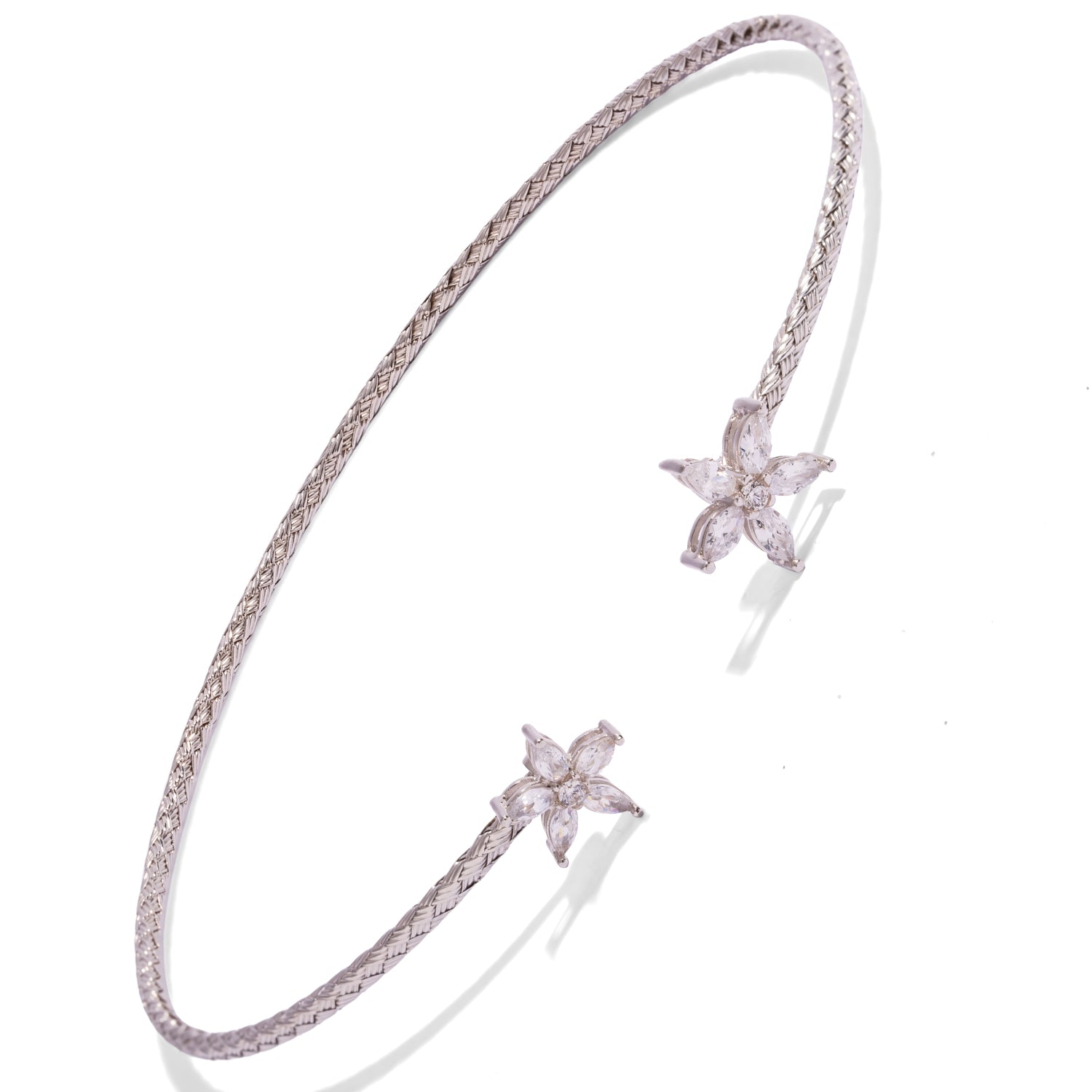 Hand woven 925 sterling silver blossom collar necklace shown at an angle on a white background
