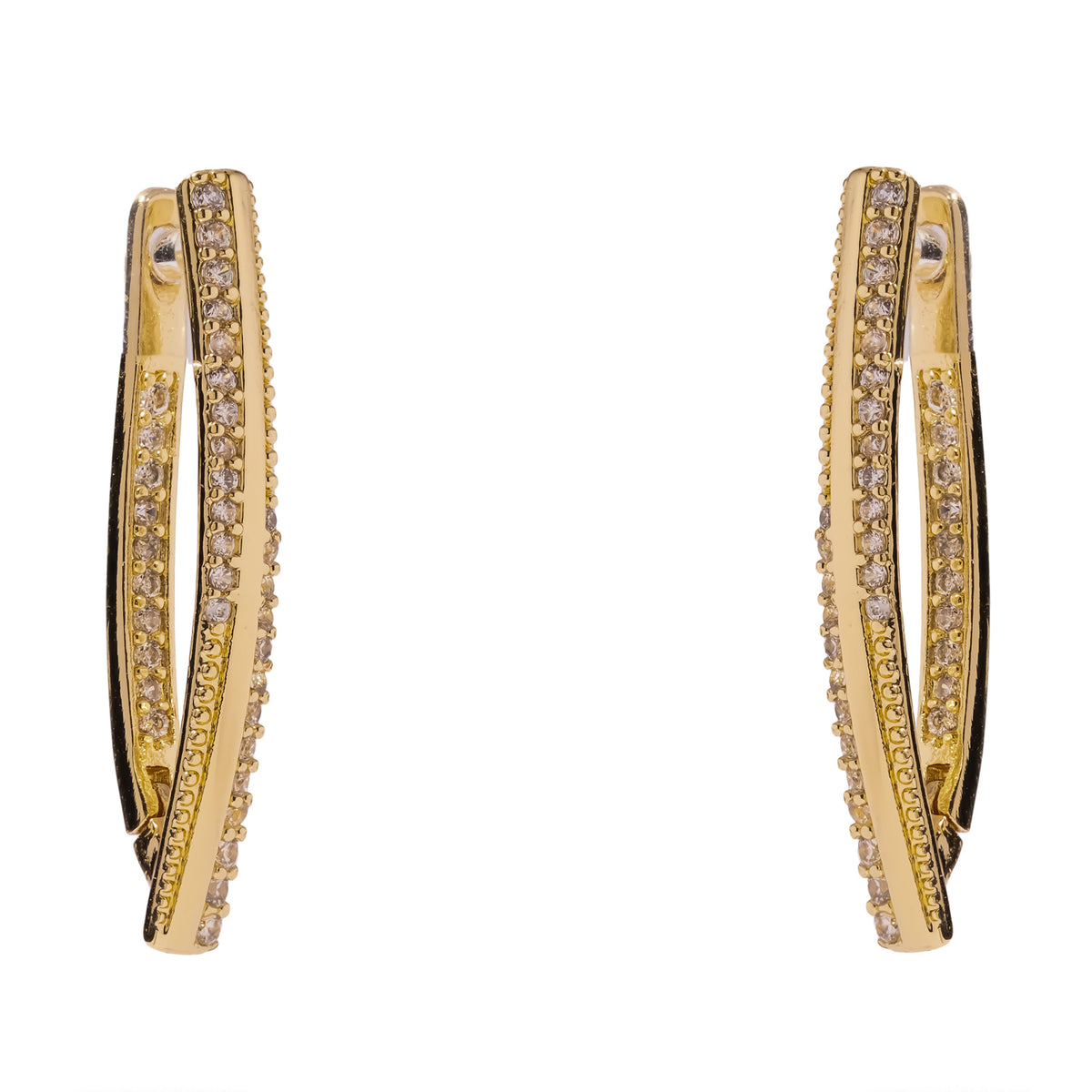 Close up of the twisted gold hoops showing the sparkling white stones set along both rows
