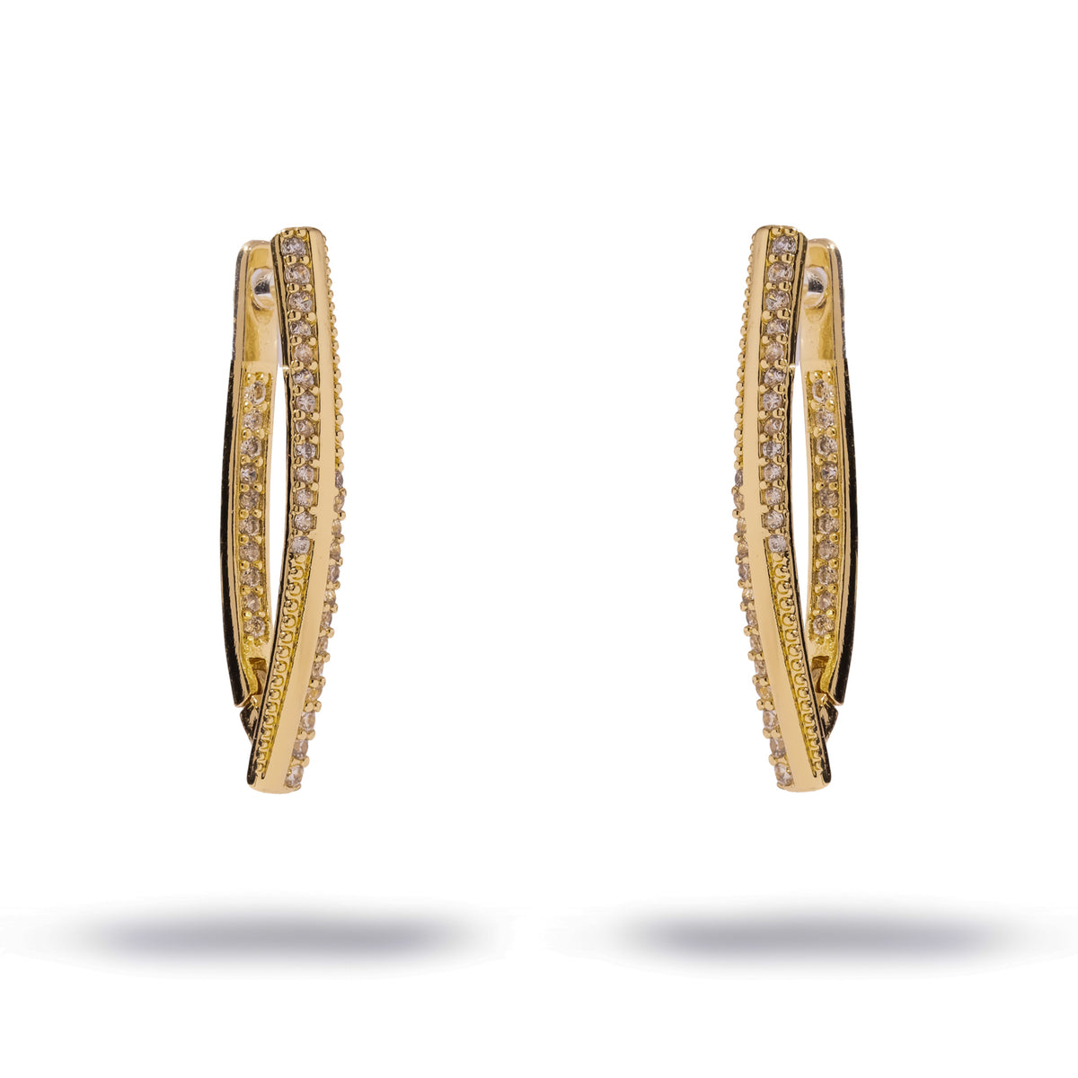 Twisted Double Row Zircon Gold Hoop Earrings, front view of the pair with two intertwined pave rows