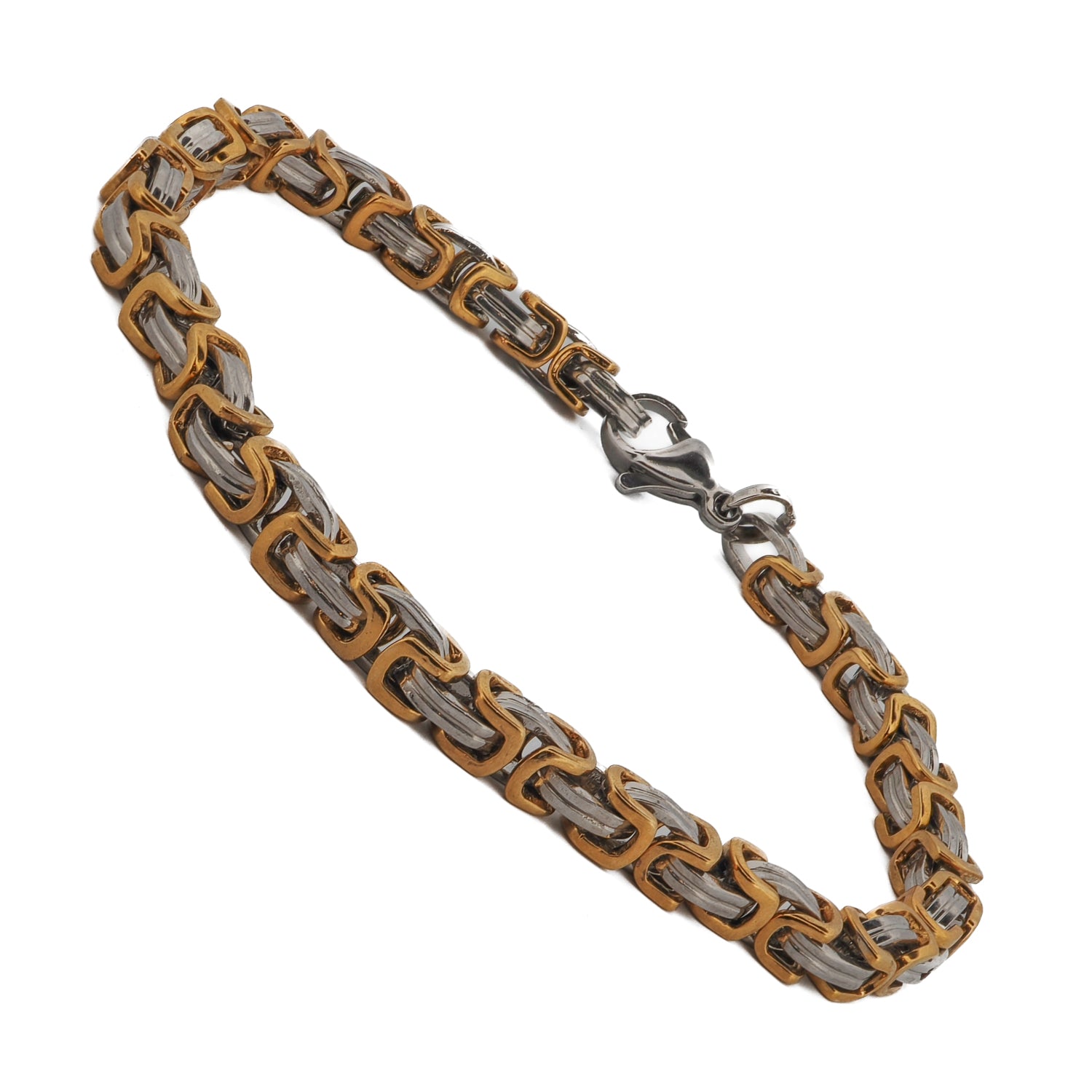 Close-up of a two-tone chain bracelet for men, blending contemporary design with a luxurious feel.
