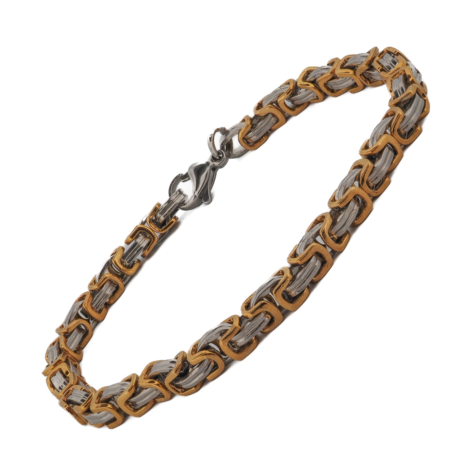 7.5-inch Two Color Design Men's Bracelet with a sleek silver and gold tone stainless steel chain.
