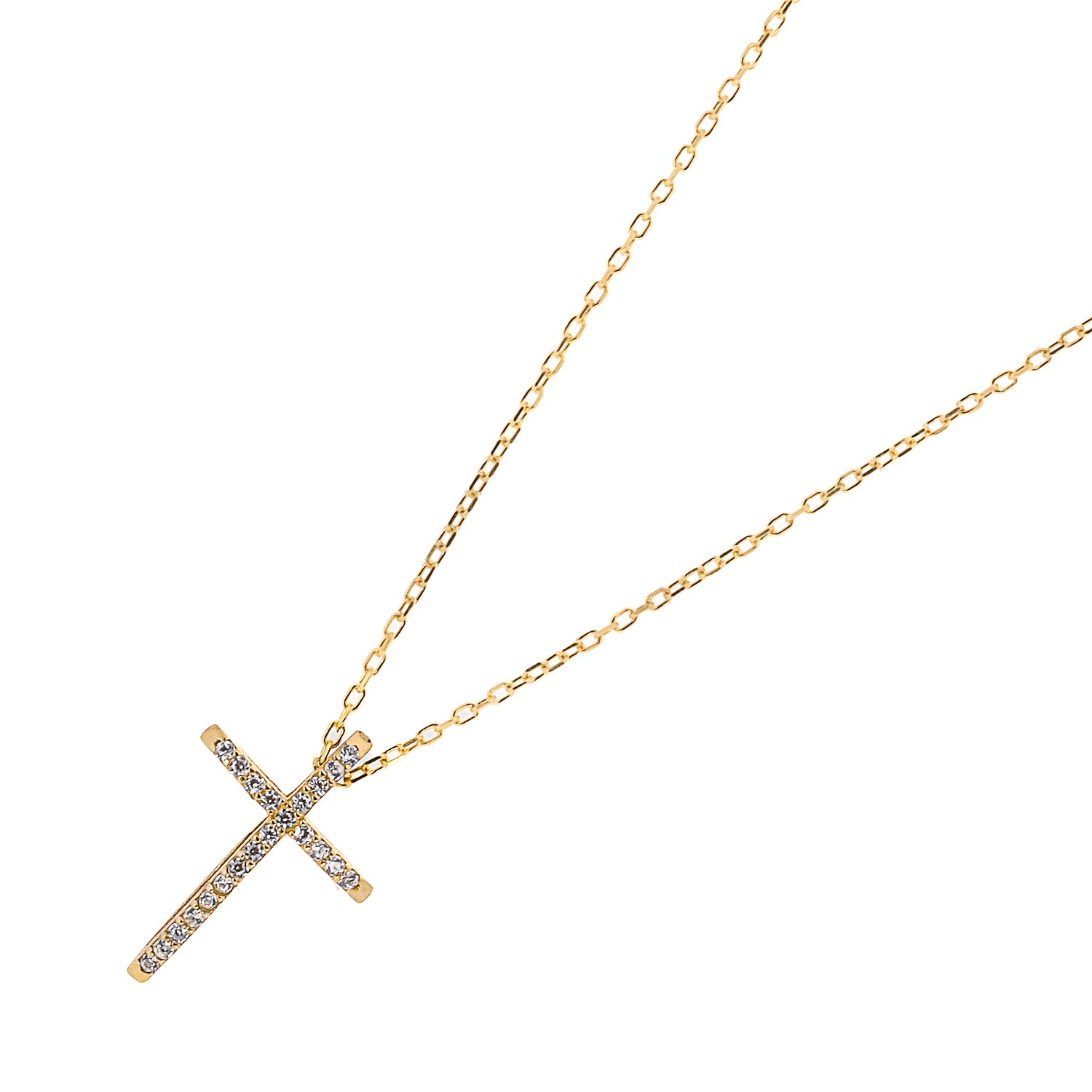 A detailed shot of the shimmering CZ diamonds on the cross pendant of the Unique Cross Diamond Necklace.
