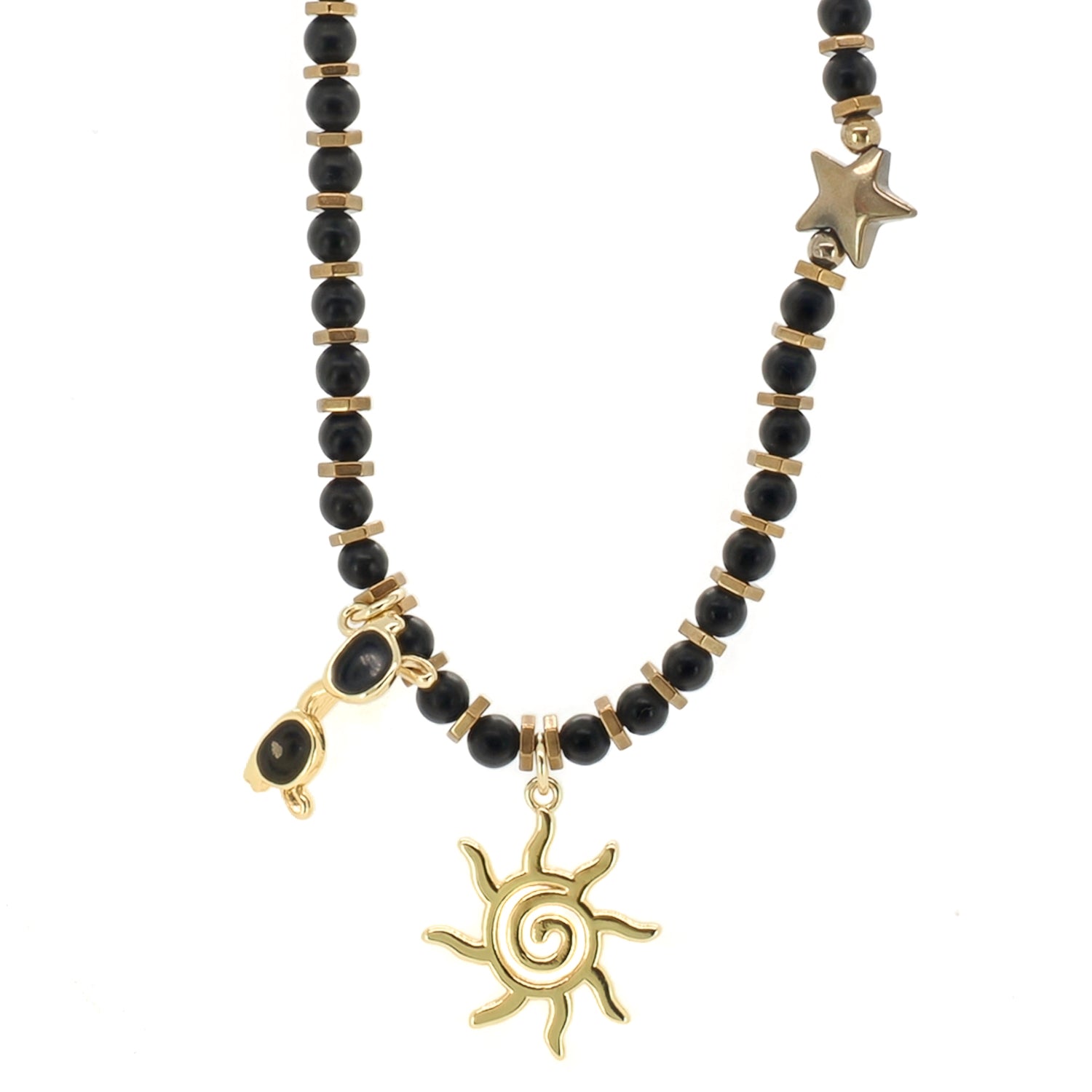 Vacation Mode black onyx beaded necklace with 18k gold-plated sun pendant and sunglasses charm by Ebru Jewelry