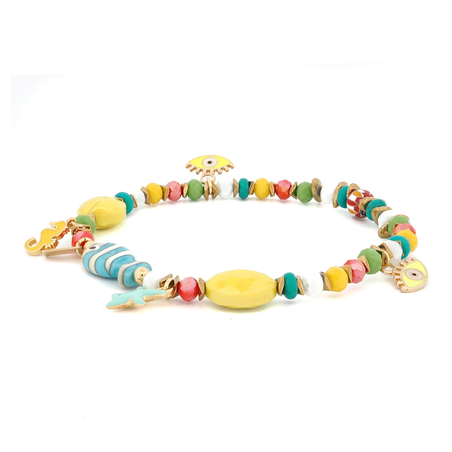 Colorful anklet showing evil eye, seahorse, and star charms with ceramic blue fish beads and crystal beads