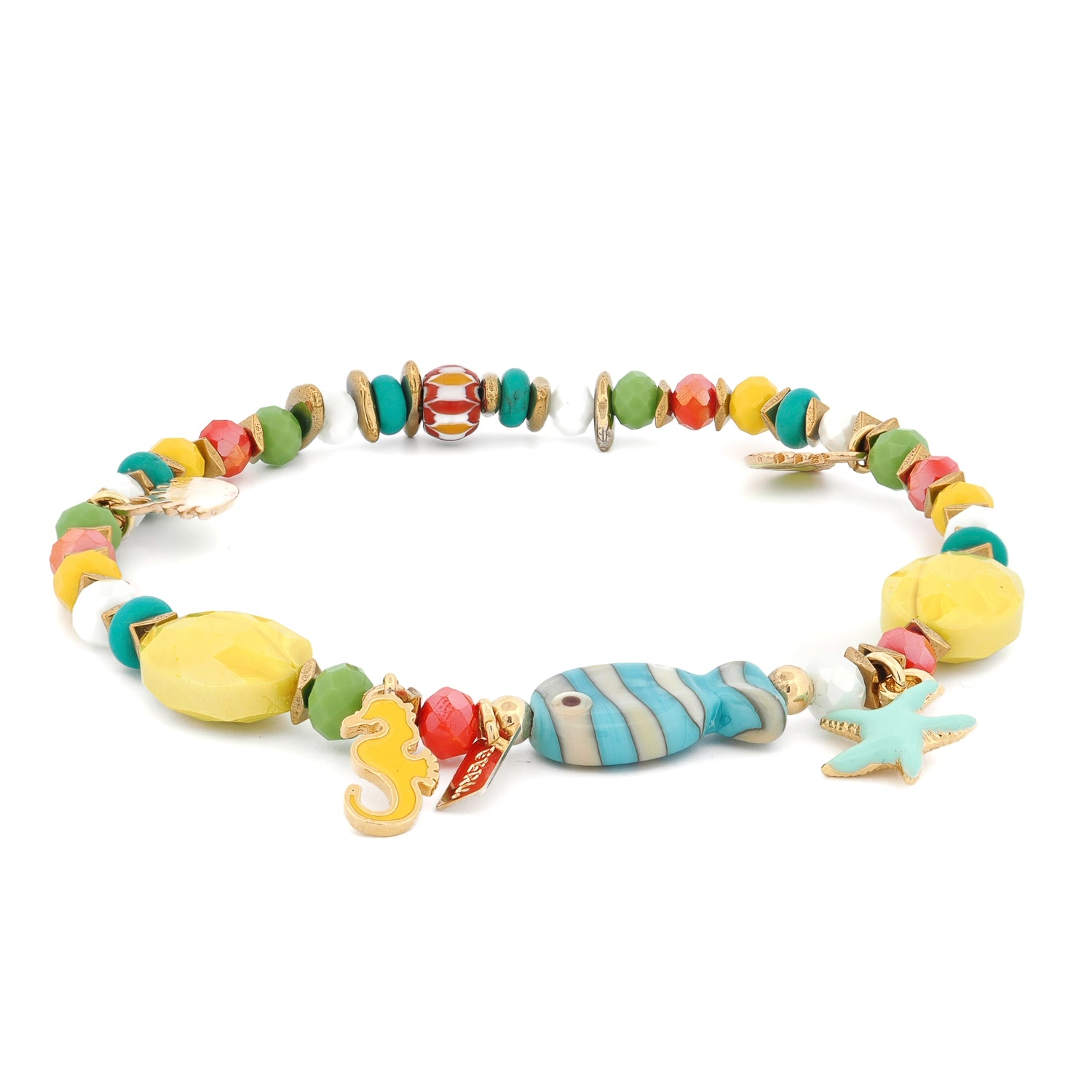 Vacation Vibes Lucky Charms Colorful Anklet with ceramic fish beads, evil eye, seahorse and star charms on stretchy cord