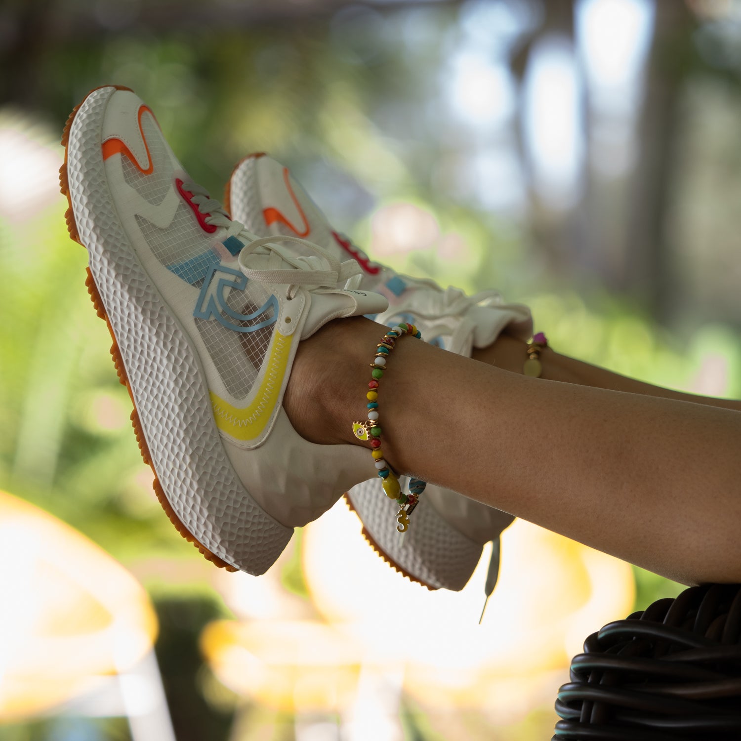 Vacation Vibes Colorful Anklet worn by pool with white sneakers — perfect summer travel jewelry