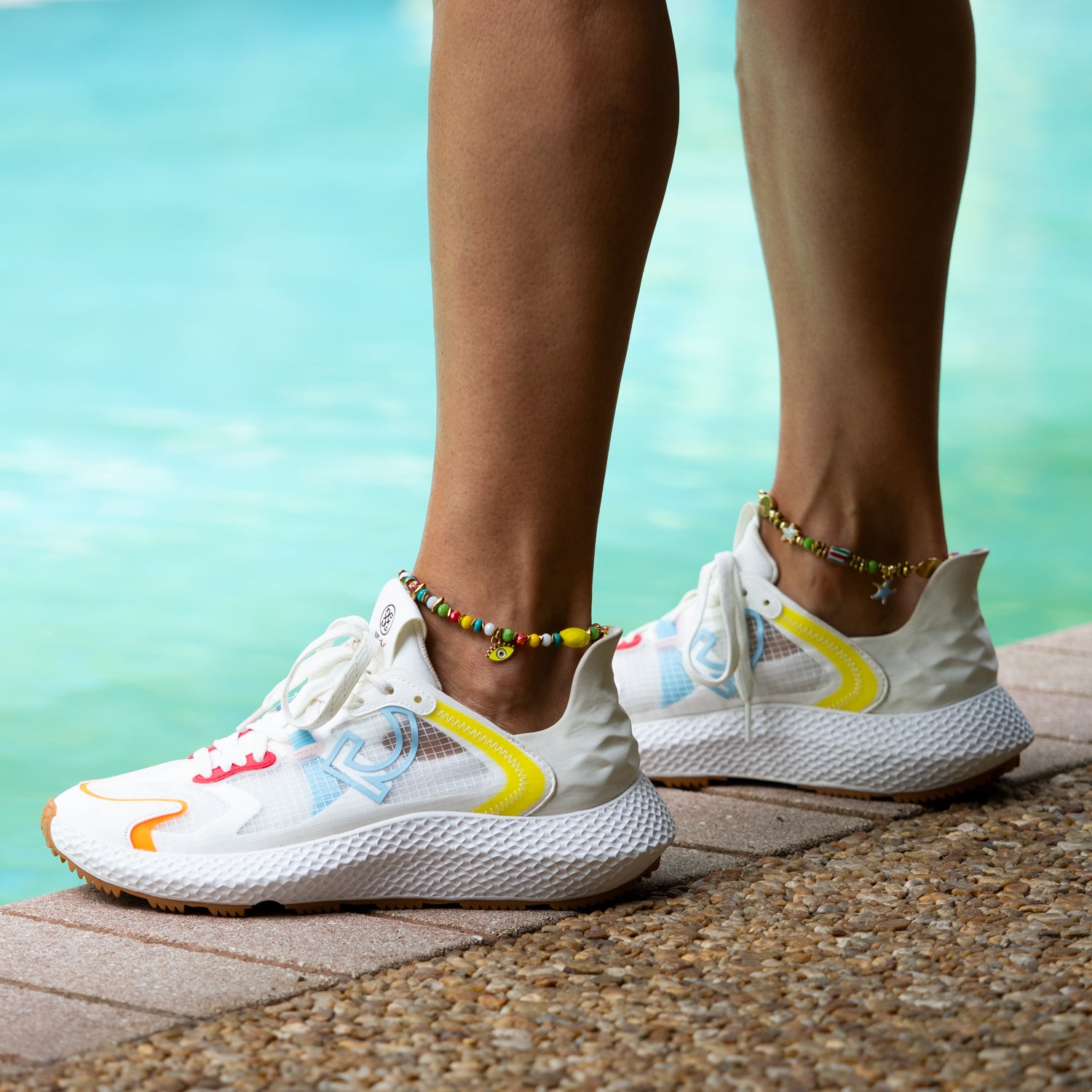 Vacation Vibes Colorful Anklet worn on ankle with casual white sneaker — handmade lucky charms jewelry