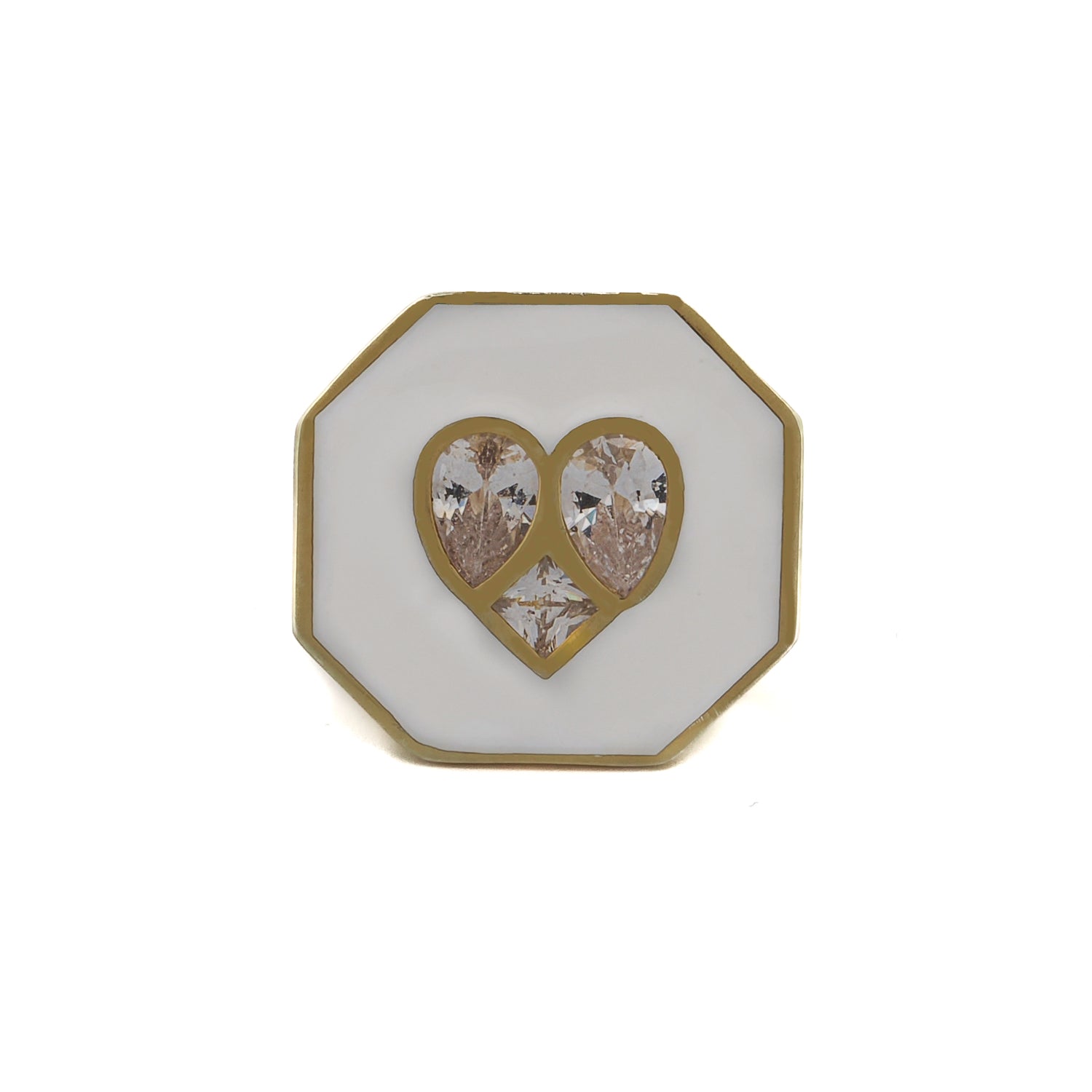 Valentine's Diamond Heart White Enamel Gold Statement Ring with a heart-shaped Cz diamond and 14K gold-plated sterling silver band.