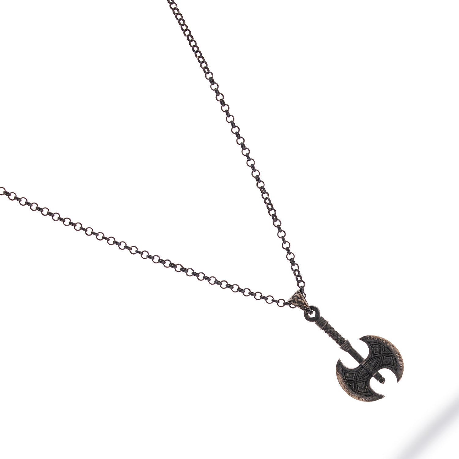Sterling silver necklace with Viking axe pendant, rhodium finish, intricate engraving, masculine Norse warrior style symbolizes strength and courage.