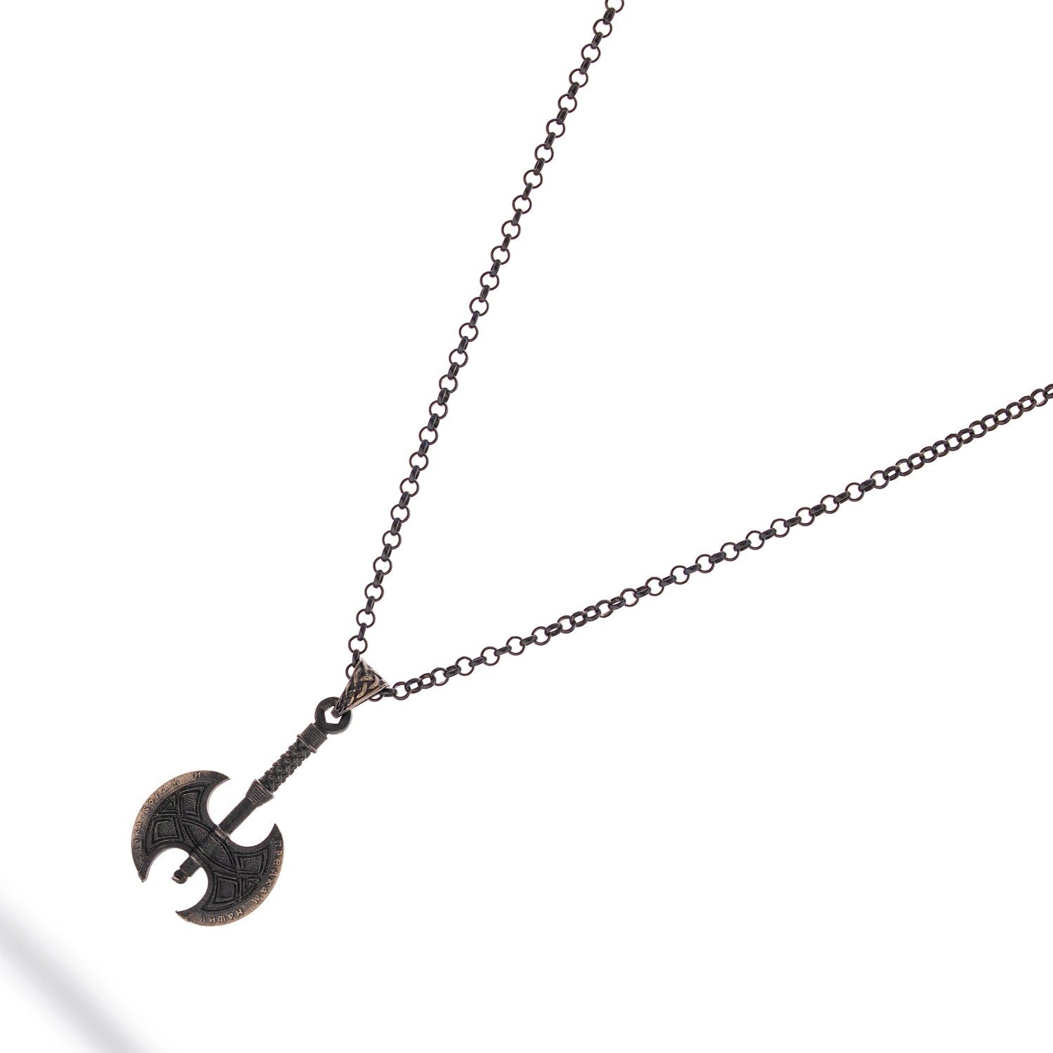 Sterling silver necklace with Viking axe pendant, rhodium finish, intricate engraved design, Norse warrior style symbolizes strength and courage.