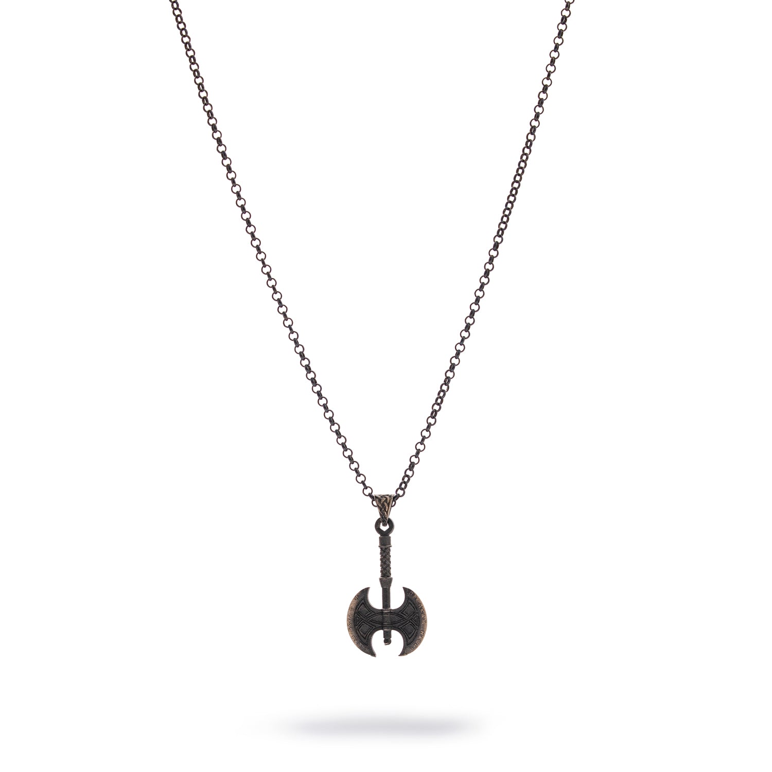 Sterling silver necklace with Viking axe pendant, rhodium finish, intricate engraved details, bold Norse warrior style symbolizing strength.