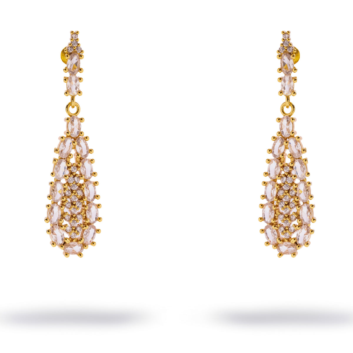 Vintage teardrop drop earrings in 24K gold plating, each teardrop set with marquise and round cut zircon stones