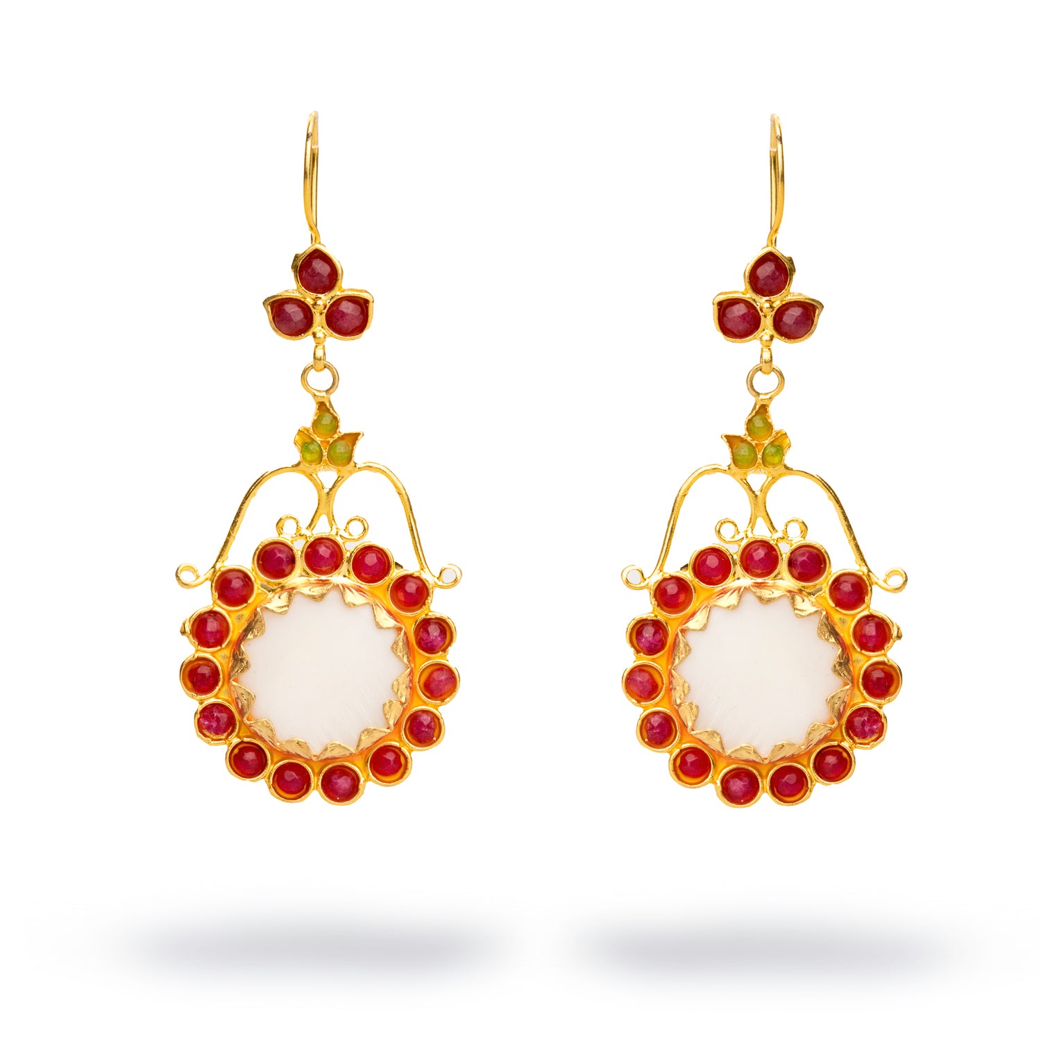 Handcrafted chunky gold earrings with a floral design, featuring a mother of pearl center and surrounded by ruby and jade stones for a bohemian touch.
