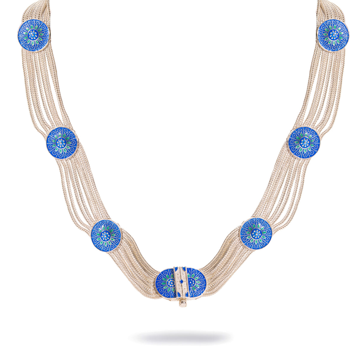 Front view of the woven silver choker showing the enamel medallion set on the concealed box clasp