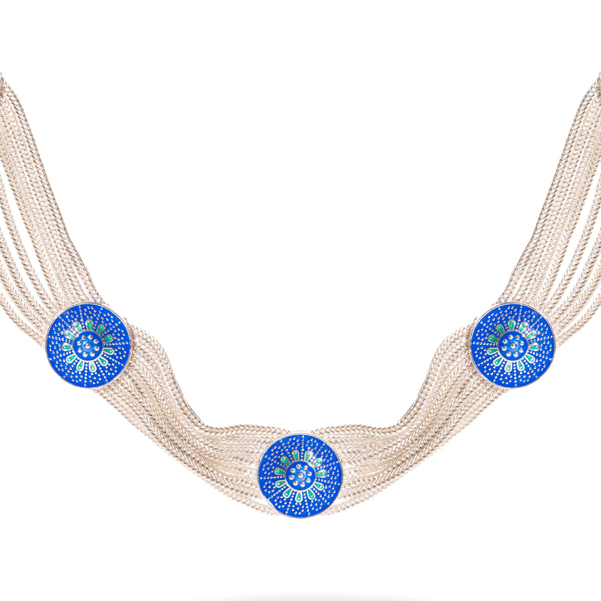 Detail of three cobalt enamel bloom medallions and the fine woven silver strands between them