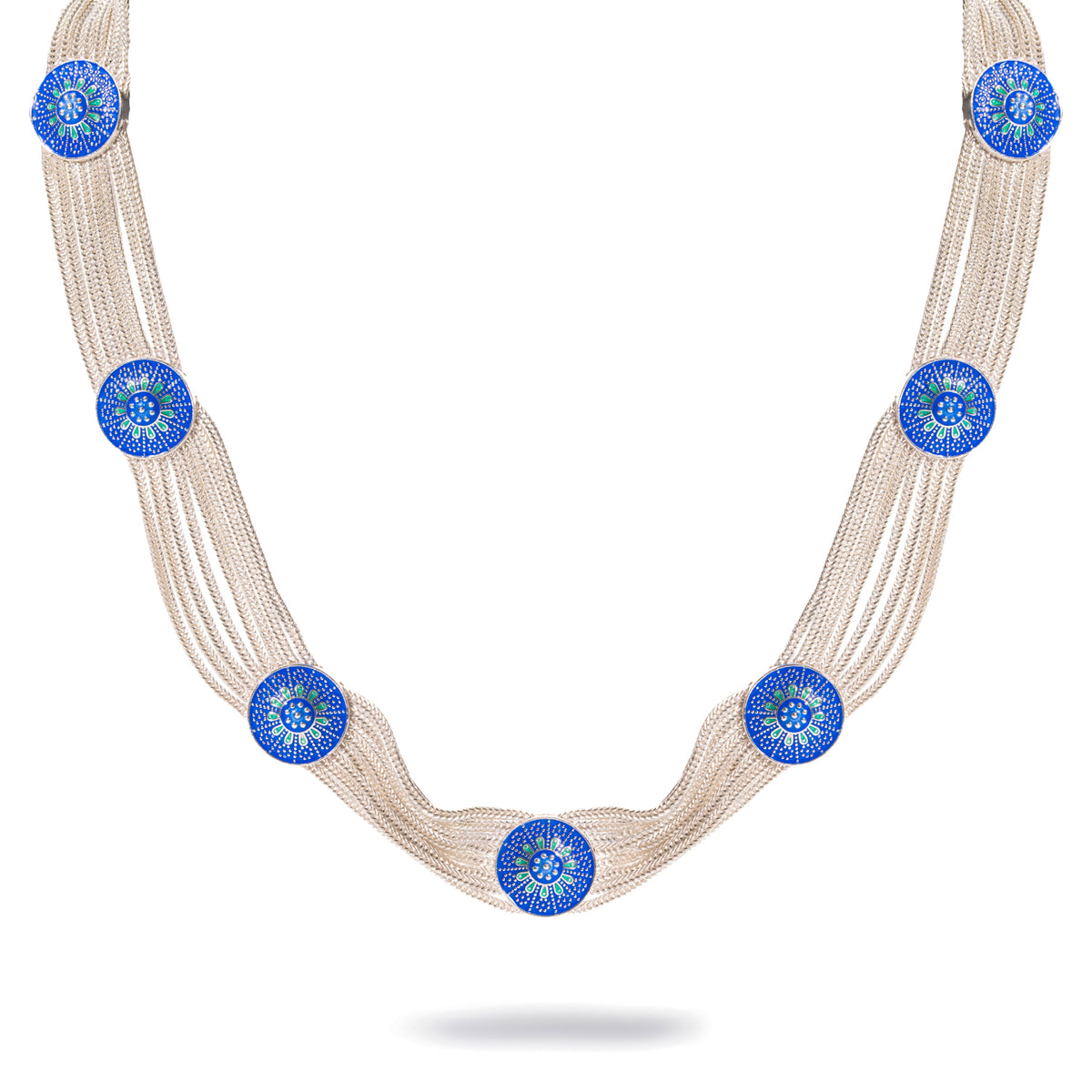 Woven multi strand silver choker necklace set with cobalt blue enamel bloom medallions