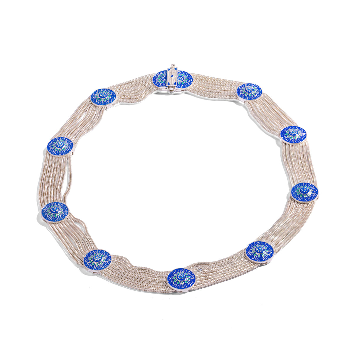 The choker laid in a full circle, showing all ten enamel bloom medallions including the one set on the clasp