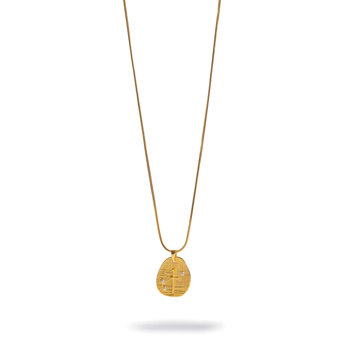 Vintage Style Cross &amp; White Zircon Gold Pendant Necklace shown full length, gold chain with the textured cross tablet pendant