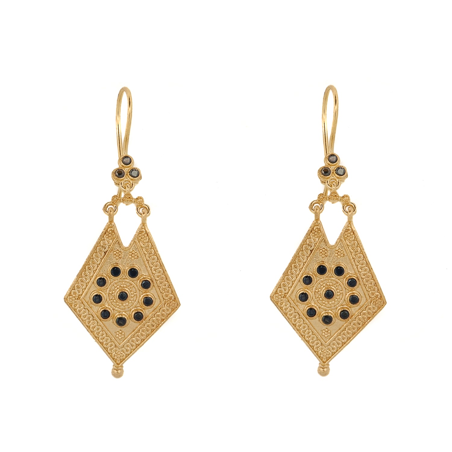 Vintage Style Gold & Black Onyx Design Dangle Earrings