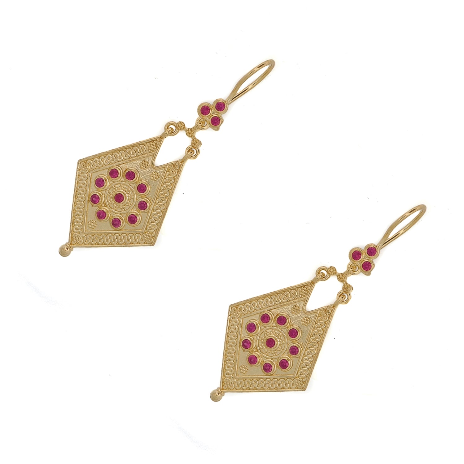 Elegant vintage-style earrings with 18k gold plating, adorned with detailed gold designs and ruby stones for a captivating look