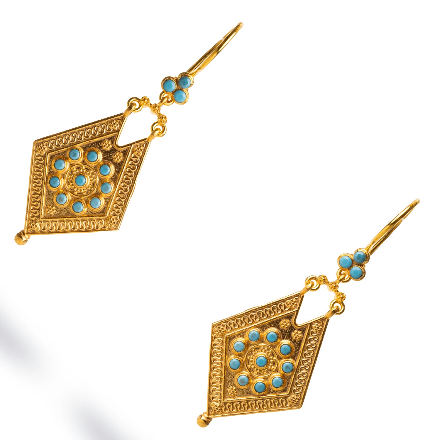 Timeless 24k gold-plated earrings featuring turquoise stones and intricate vintage detailing, perfect for adding a touch of mystic charm.
