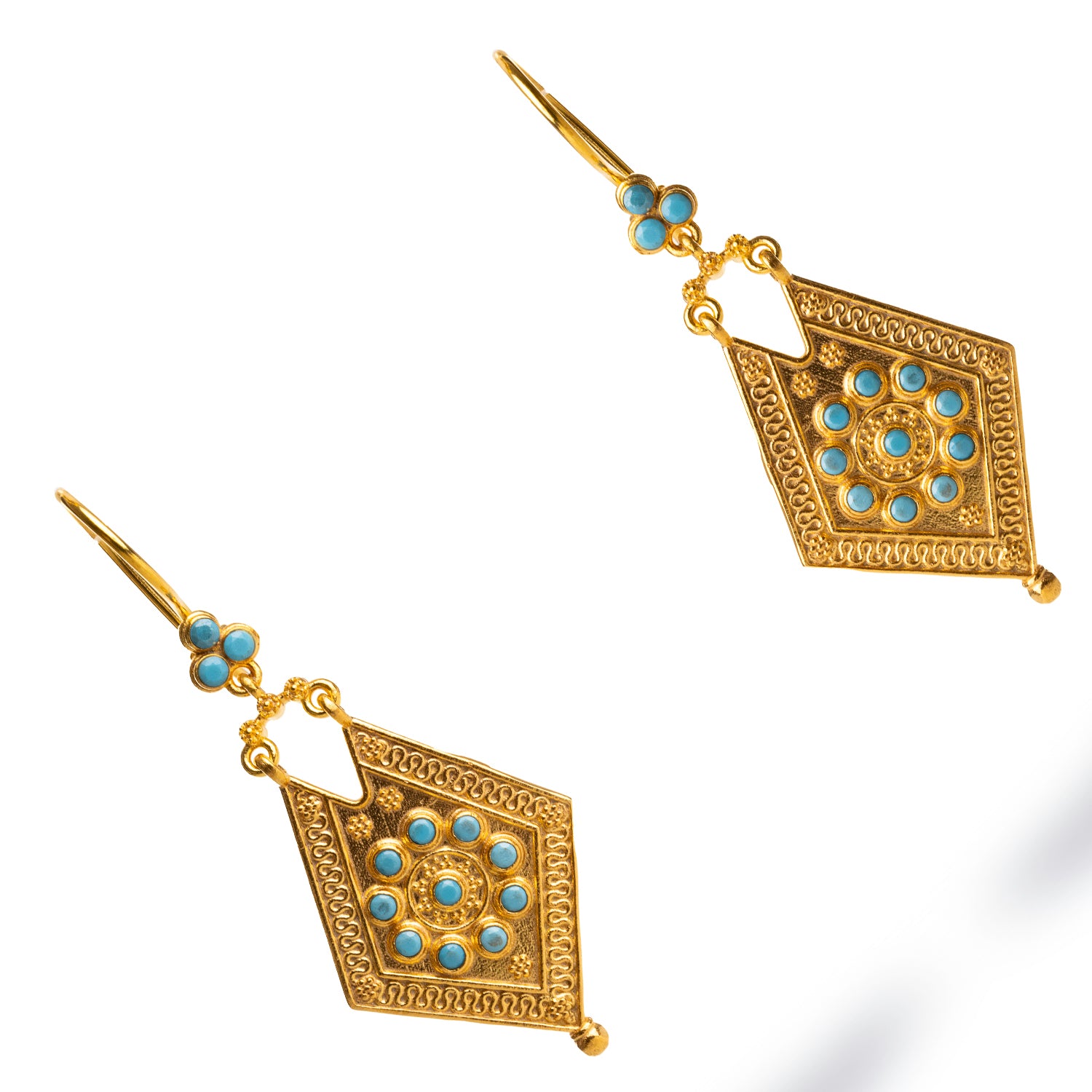 Chic 24k gold-plated earrings showcasing a vintage-inspired design with turquoise stones, ideal for a luxurious and unique style.
