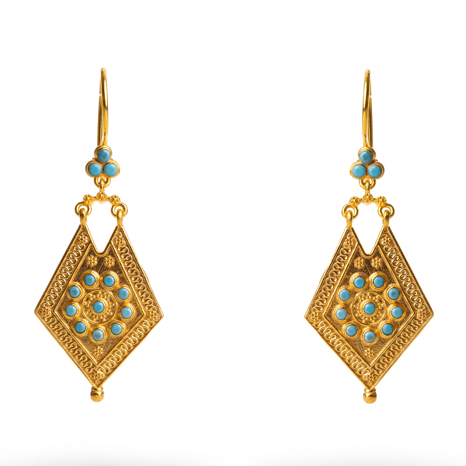 Stylish 24k gold-plated earrings with turquoise stones and intricate gold detailing, offering a timeless and elegant vintage charm.
