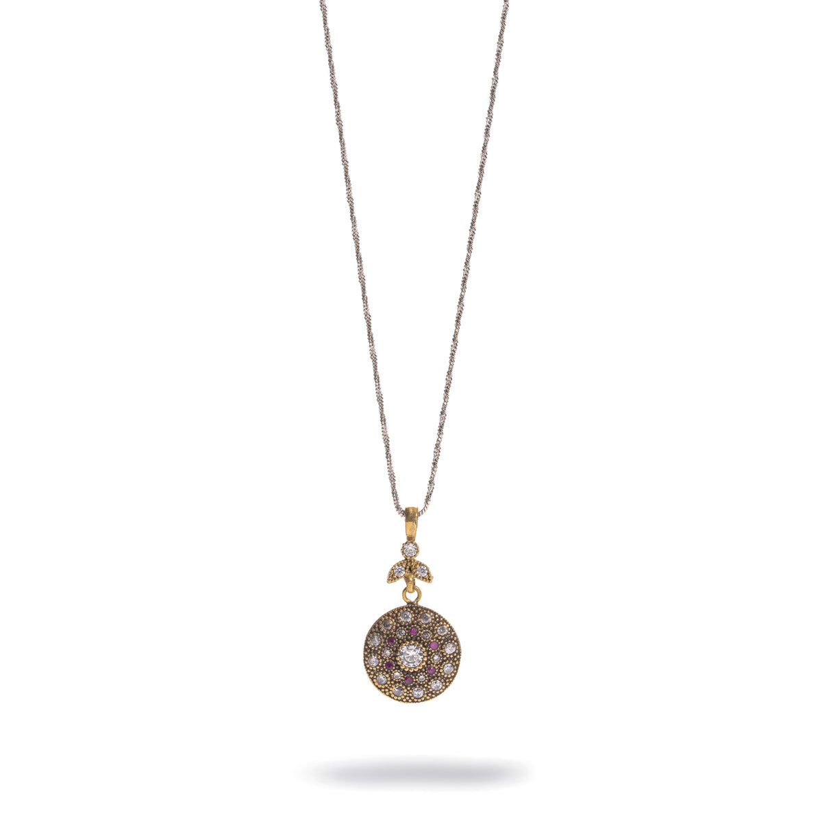 Vintage Style Ruby &amp; Zirconia Gold Medallion Necklace shown full length, two-tone gold medallion on a silver-tone chain