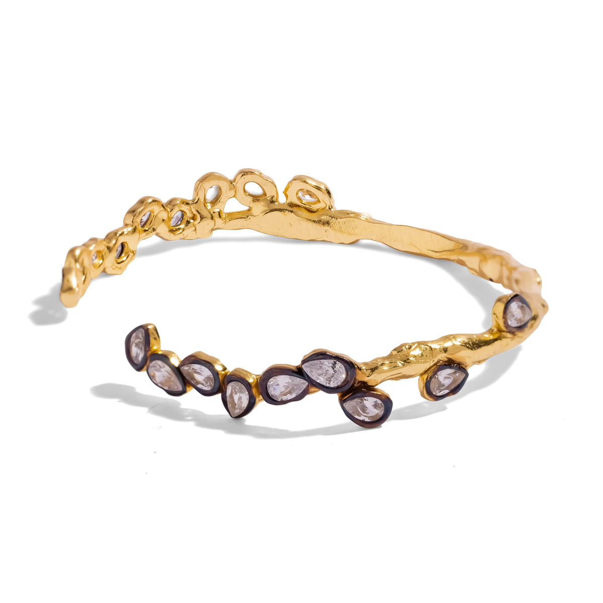 Vintage Style Teardrop Two Tone Gold Cuff Bracelet, molten textured gold band with teardrop stones in dark settings